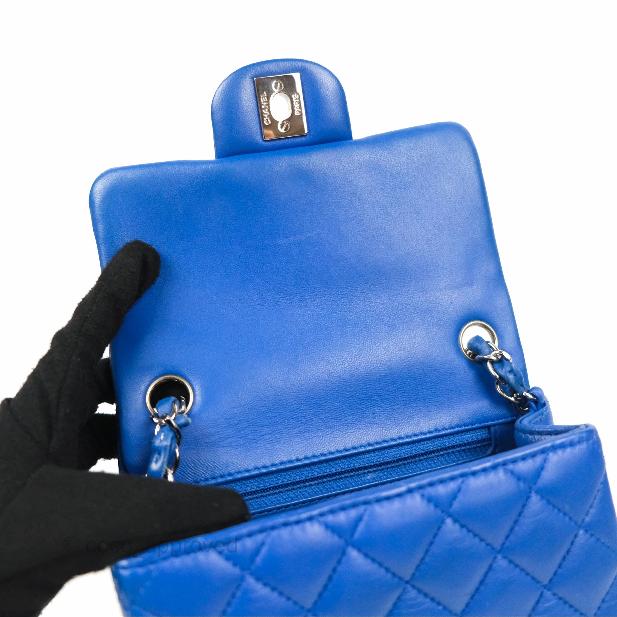 Chanel Quilted Mini Square Blue Lambskin Silver Hardware
