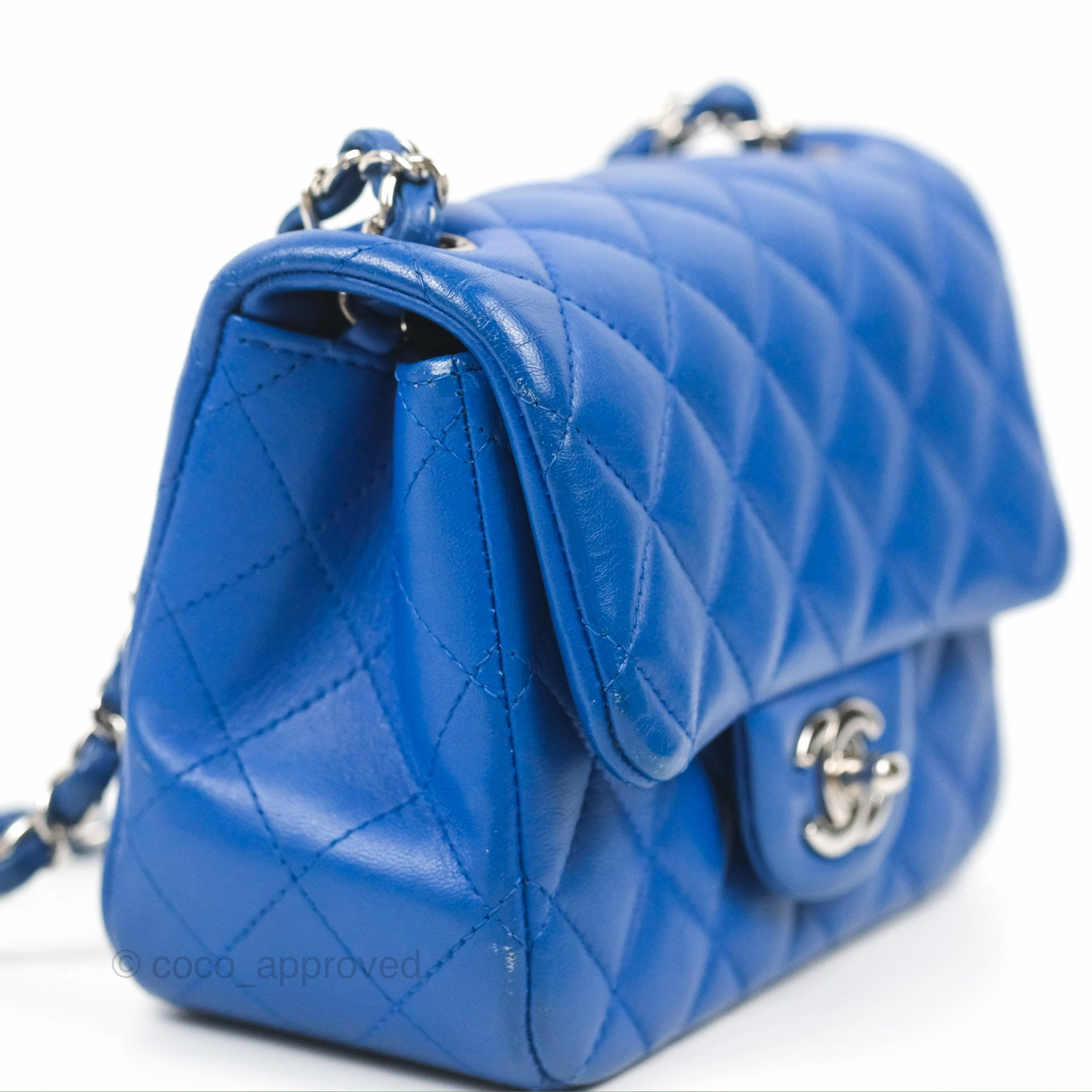 Chanel Quilted Mini Square Blue Lambskin Silver Hardware