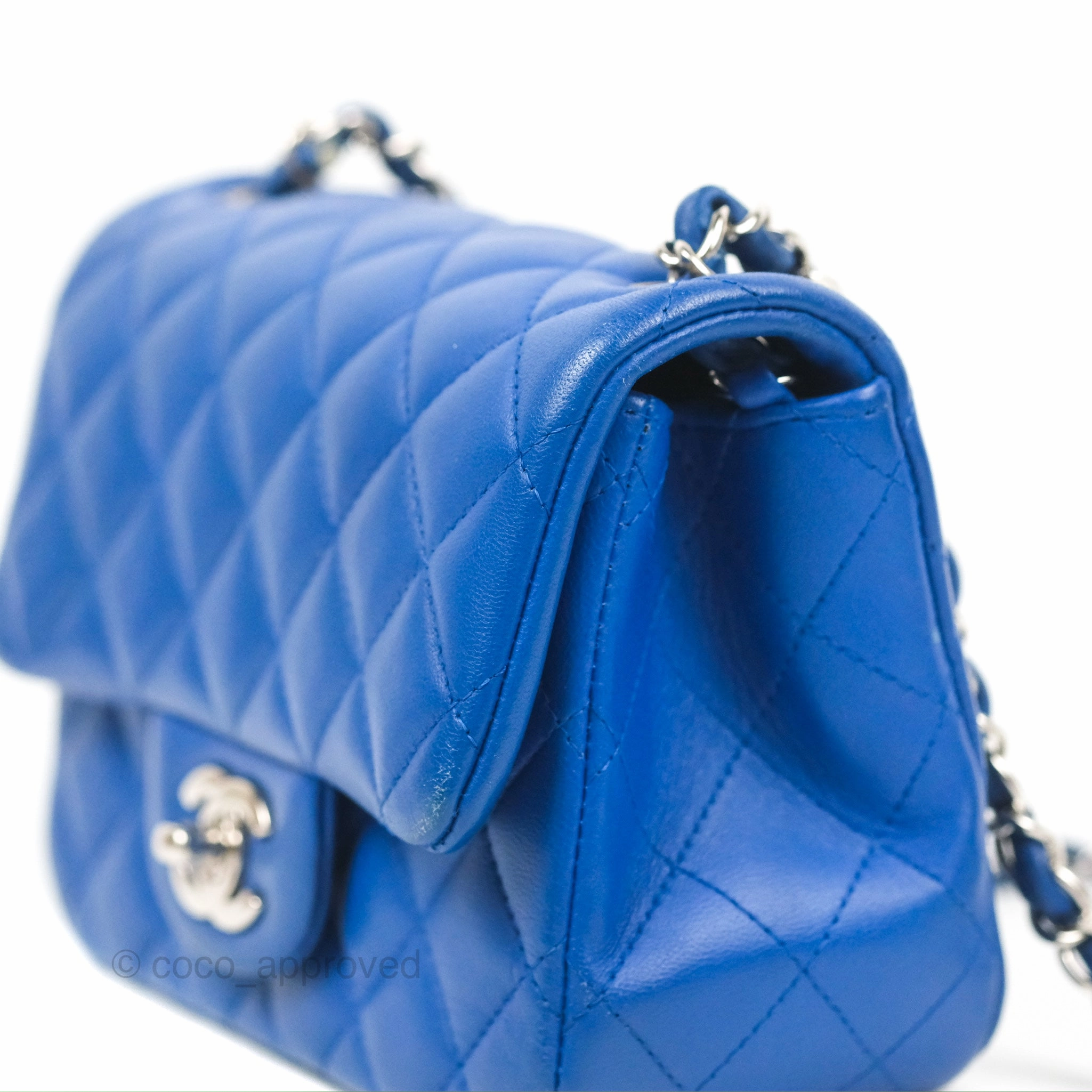 Chanel Quilted Mini Square Blue Lambskin Silver Hardware