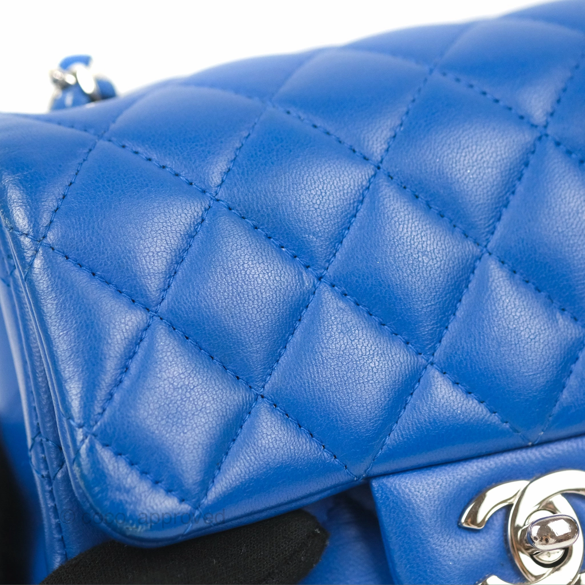 Chanel Quilted Mini Square Blue Lambskin Silver Hardware