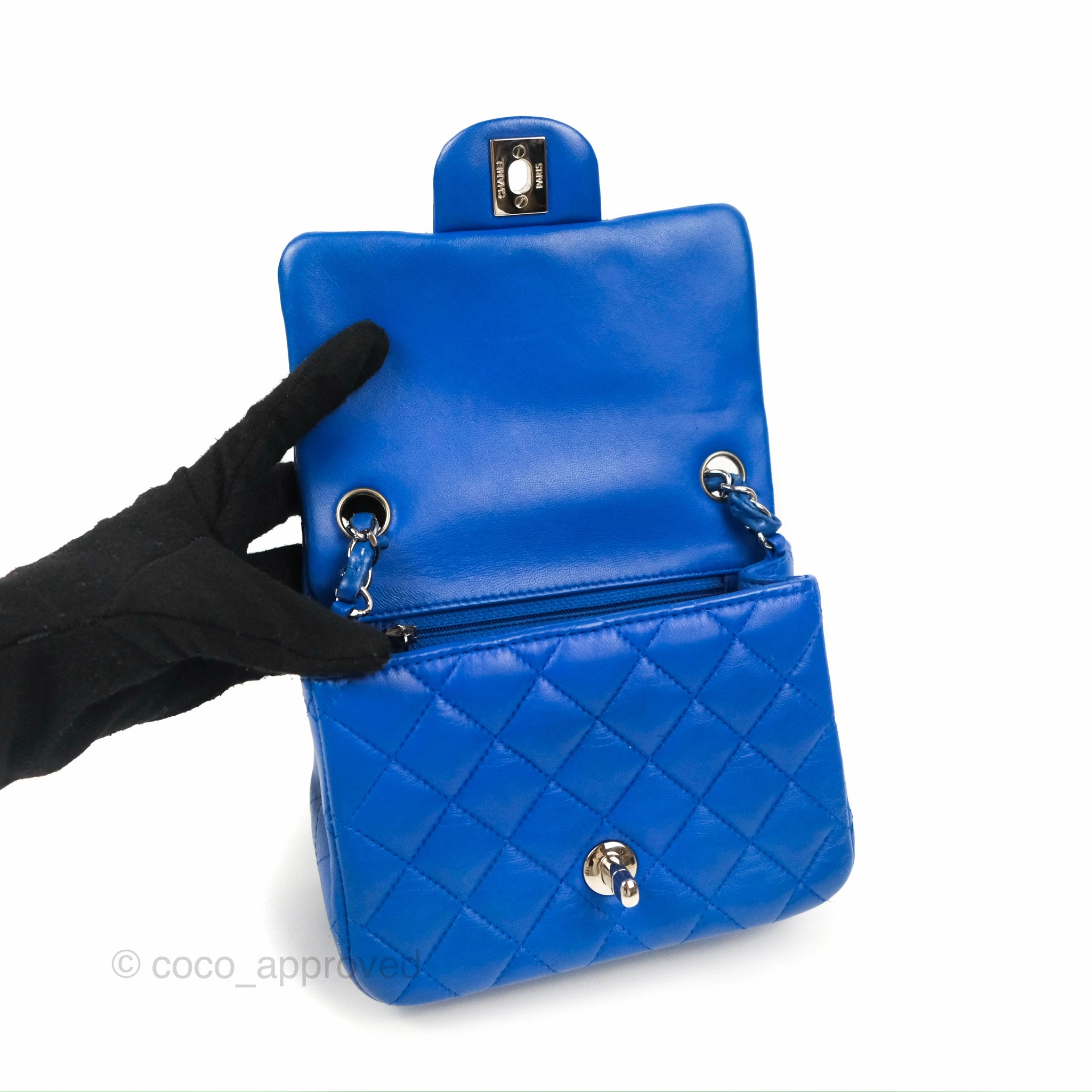 Chanel Quilted Mini Square Blue Lambskin Silver Hardware