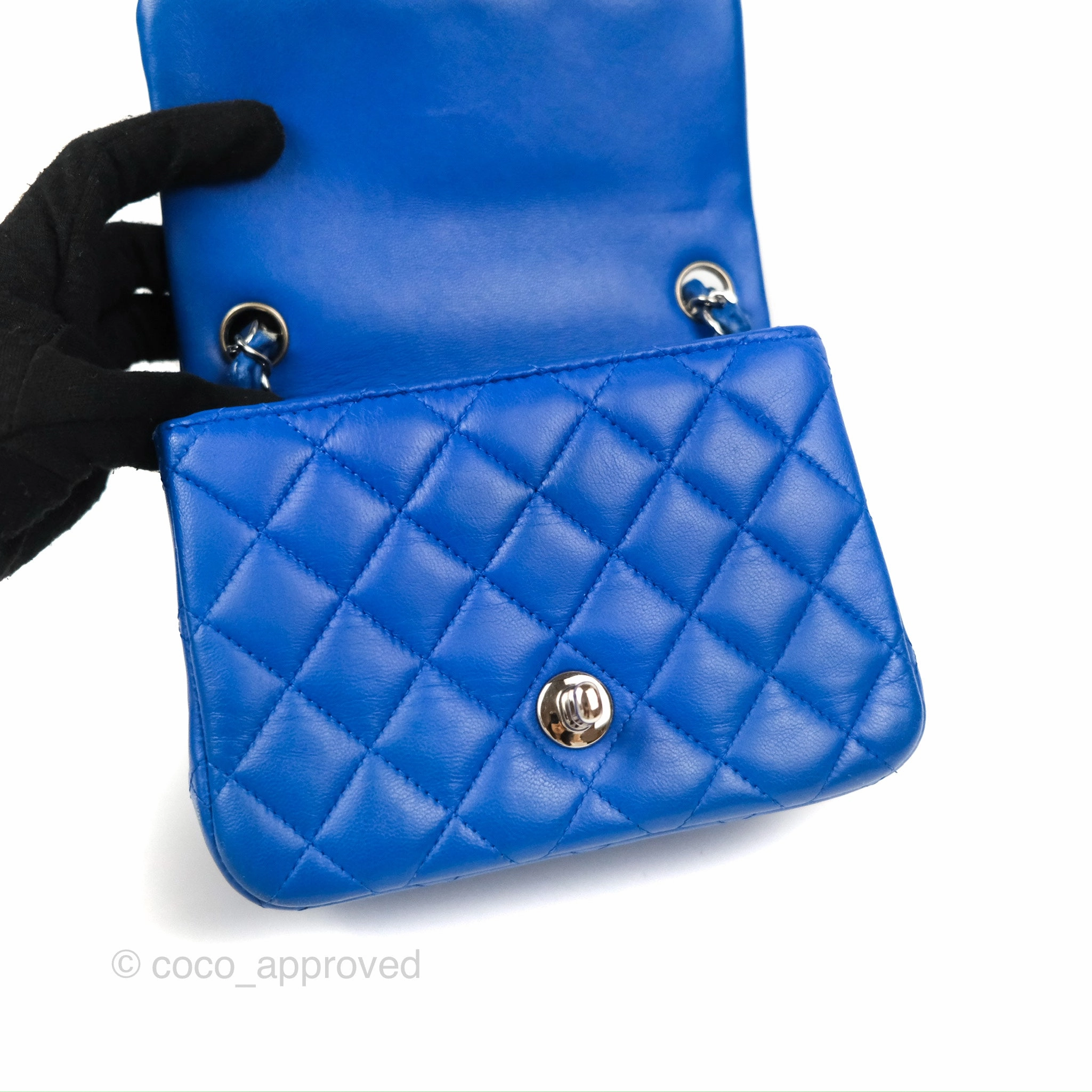 Chanel Quilted Mini Square Blue Lambskin Silver Hardware