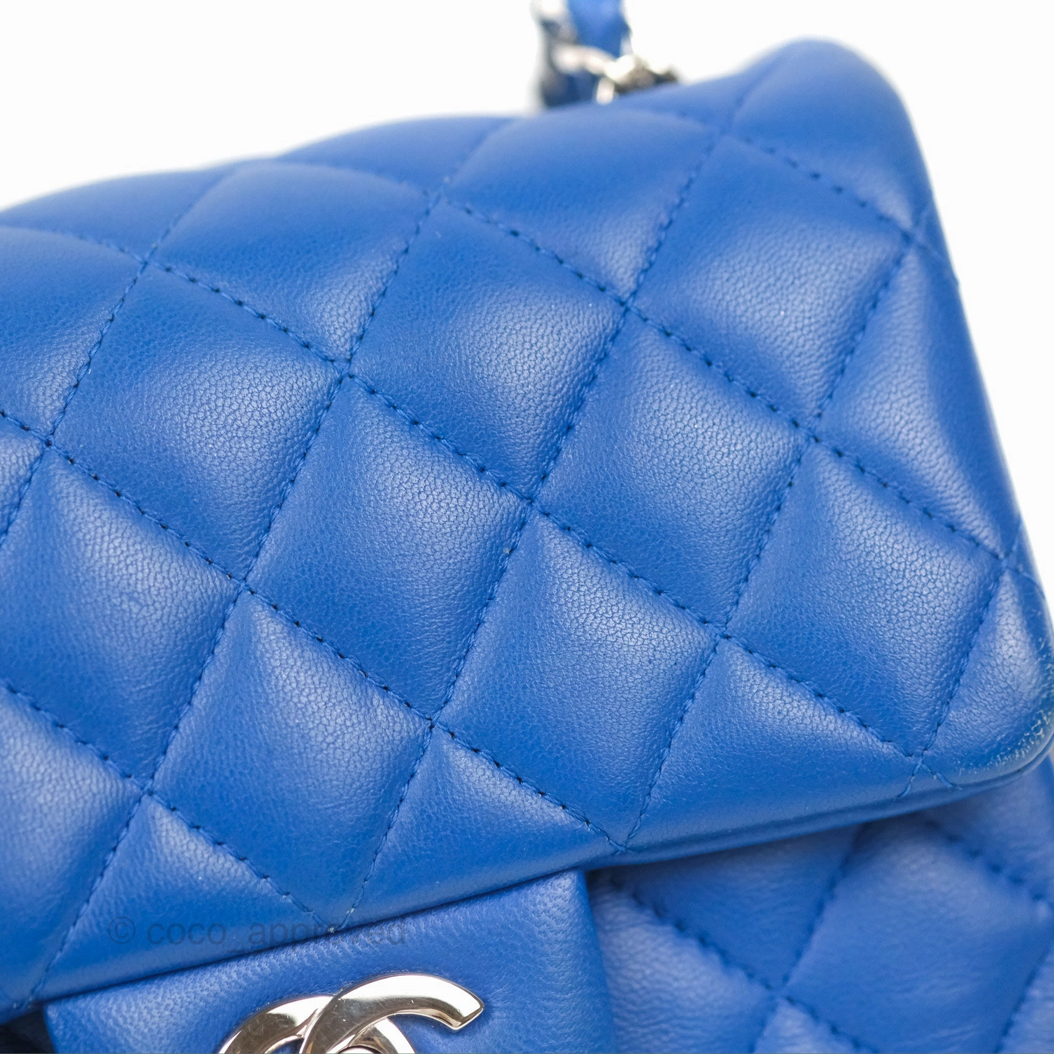 Chanel Quilted Mini Square Blue Lambskin Silver Hardware