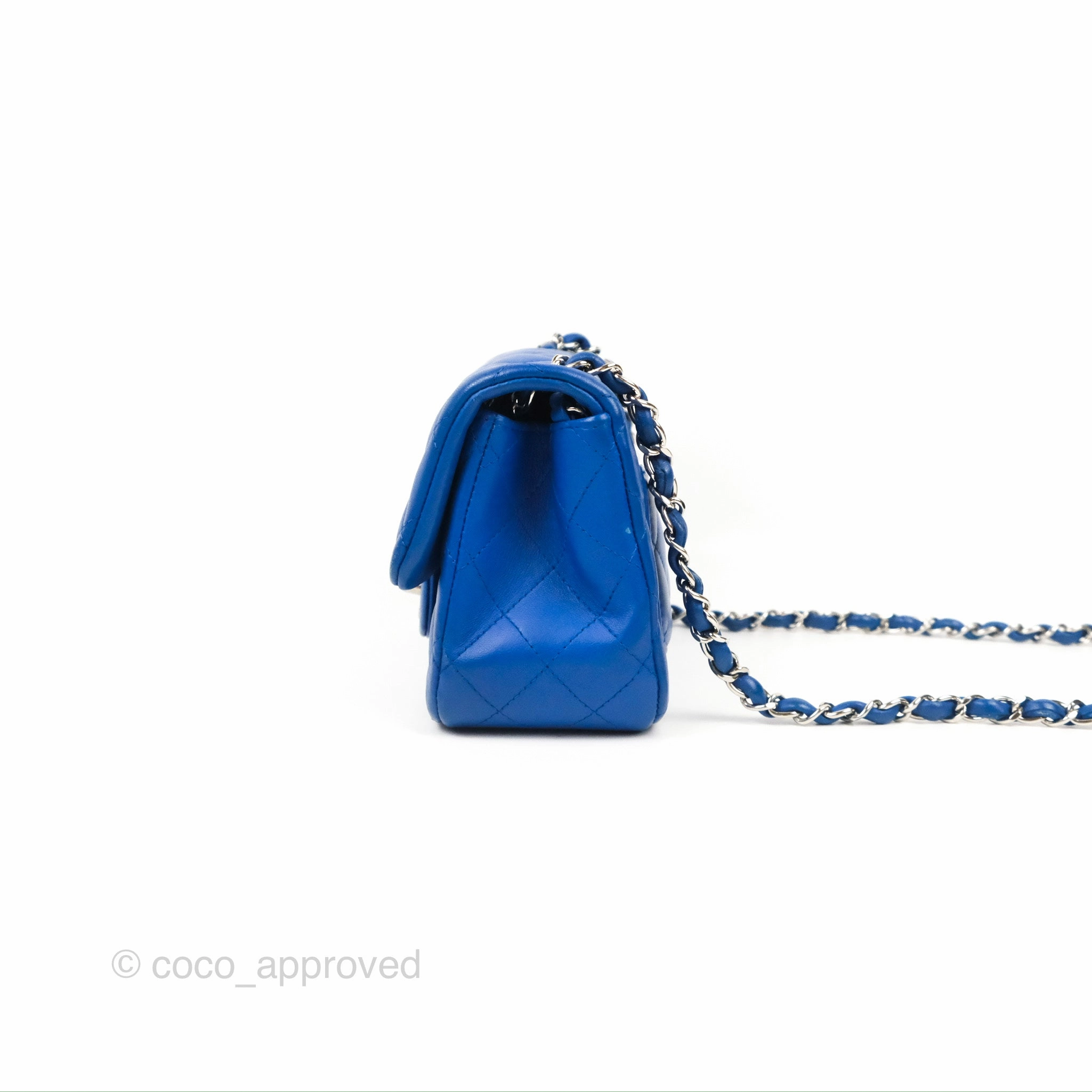 Chanel Quilted Mini Square Blue Lambskin Silver Hardware