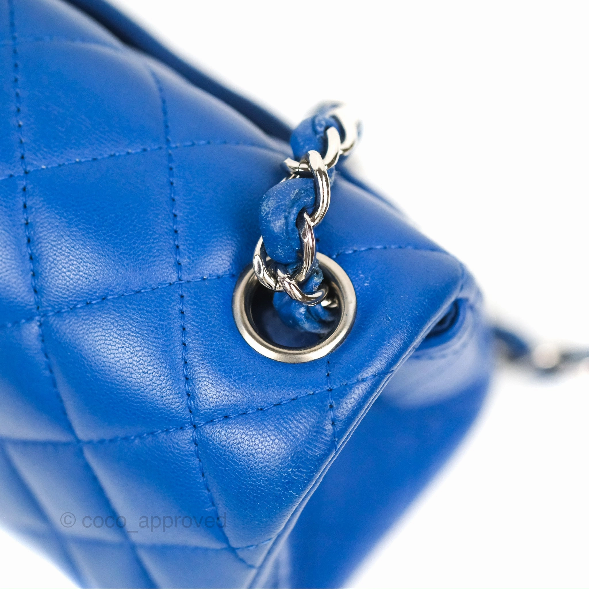 Chanel Quilted Mini Square Blue Lambskin Silver Hardware