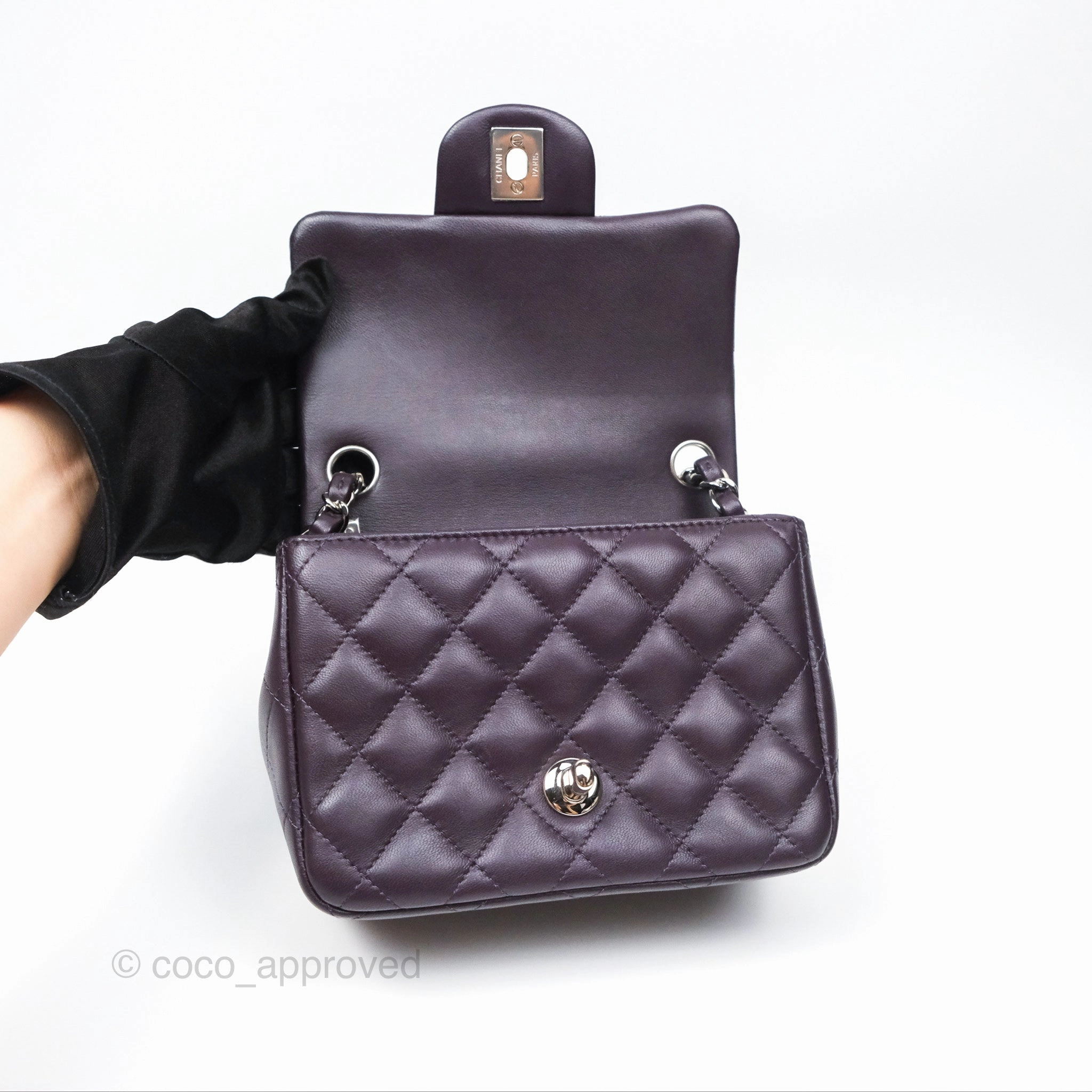 Chanel Quilted Mini Square Dark Purple Lambskin Silver Hardware