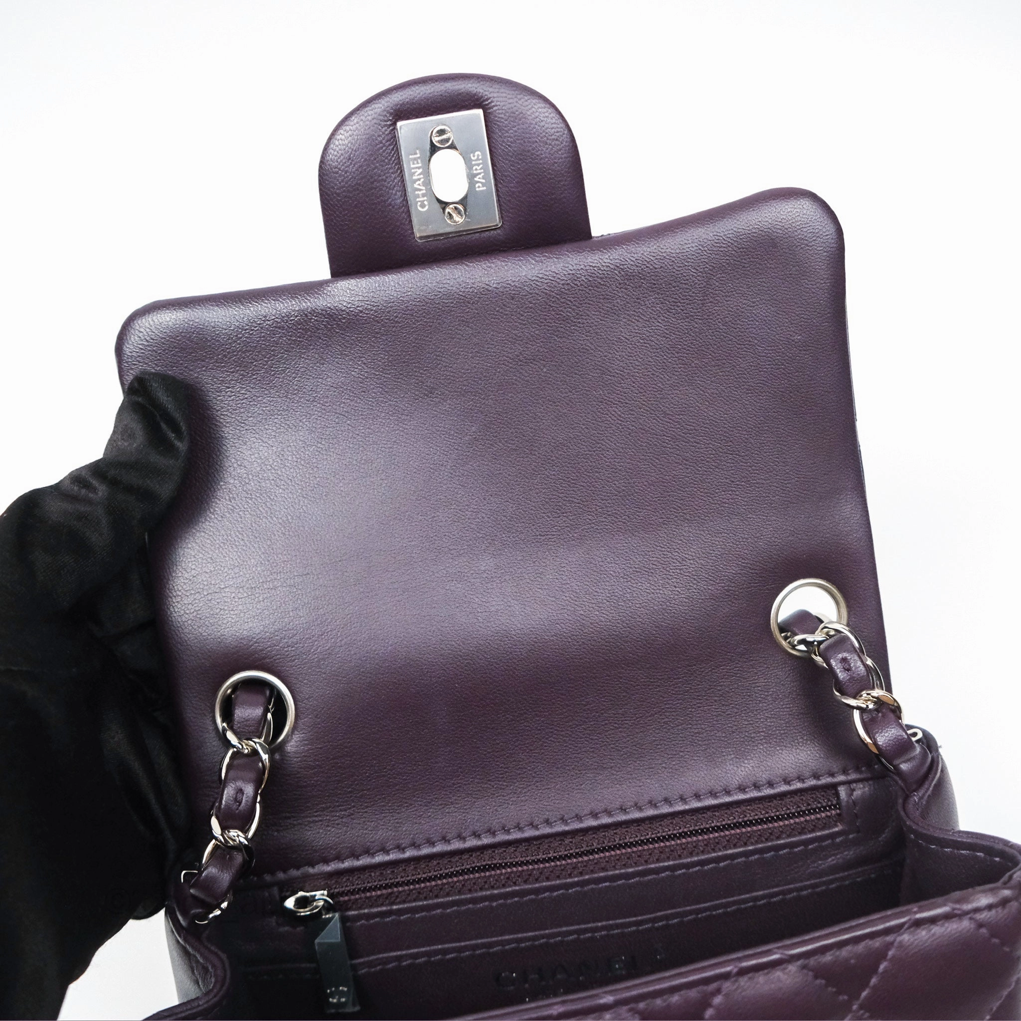 Chanel Quilted Mini Square Dark Purple Lambskin Silver Hardware