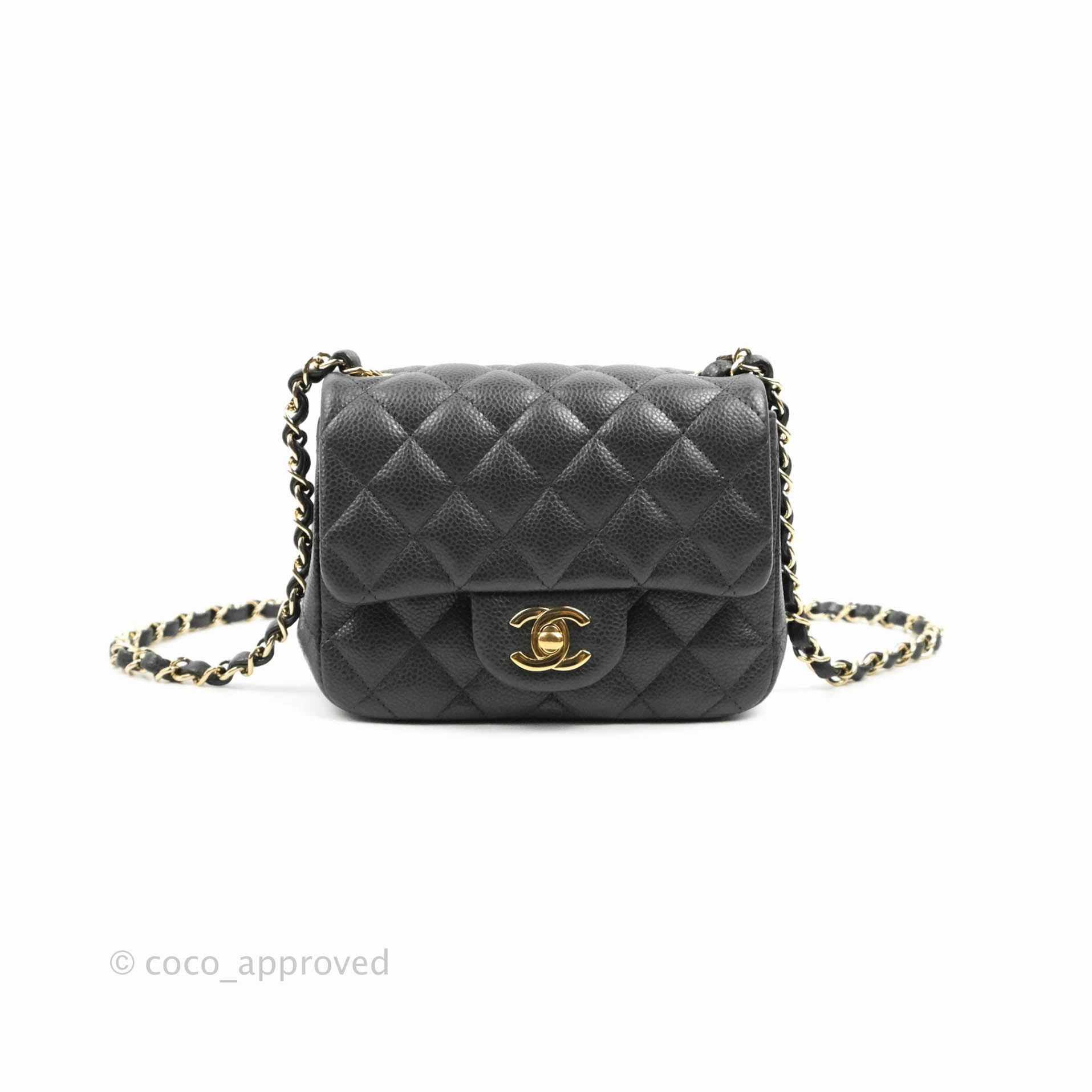 Chanel Quilted Mini Square Flap Bag Pearly Black Caviar Gold Hardware