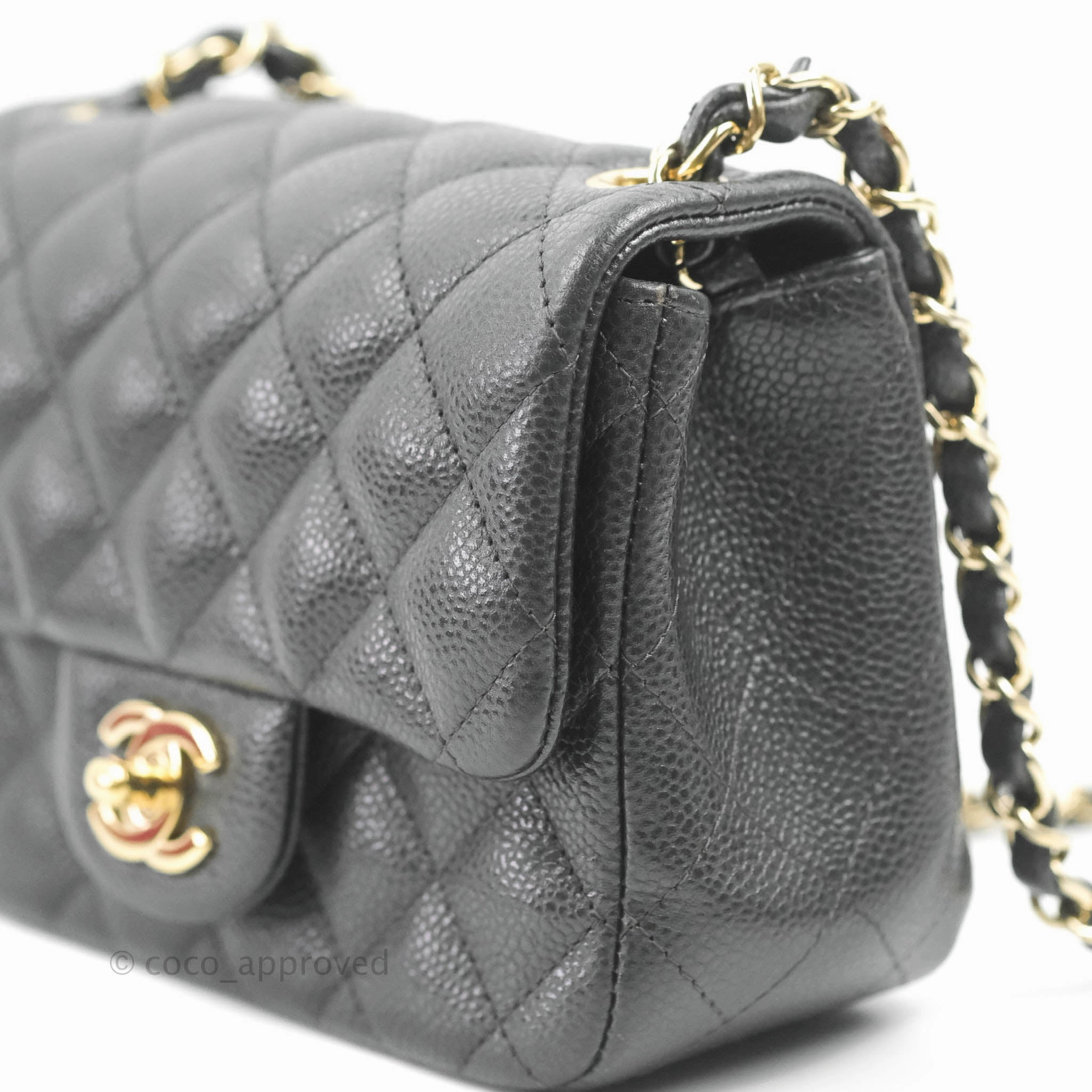 Chanel Quilted Mini Square Flap Bag Pearly Black Caviar Gold Hardware