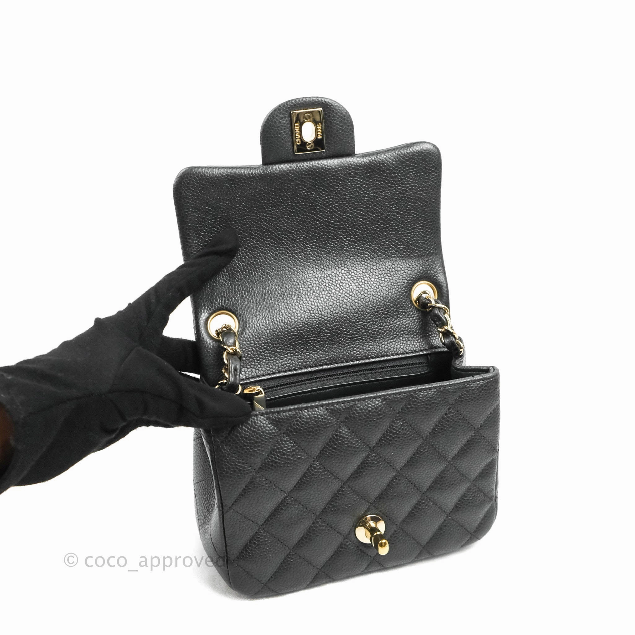 Chanel Quilted Mini Square Flap Bag Pearly Black Caviar Gold Hardware