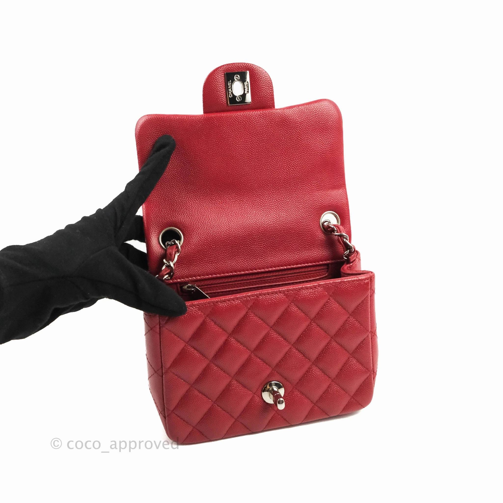 Chanel Quilted Mini Square Red Caviar Silver Hardware 17B