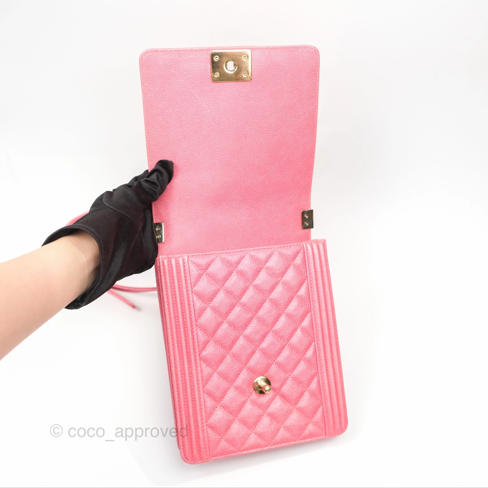 Chanel Quilted North South Boy Flap Iridescent Pink Caviar Gold Hardware