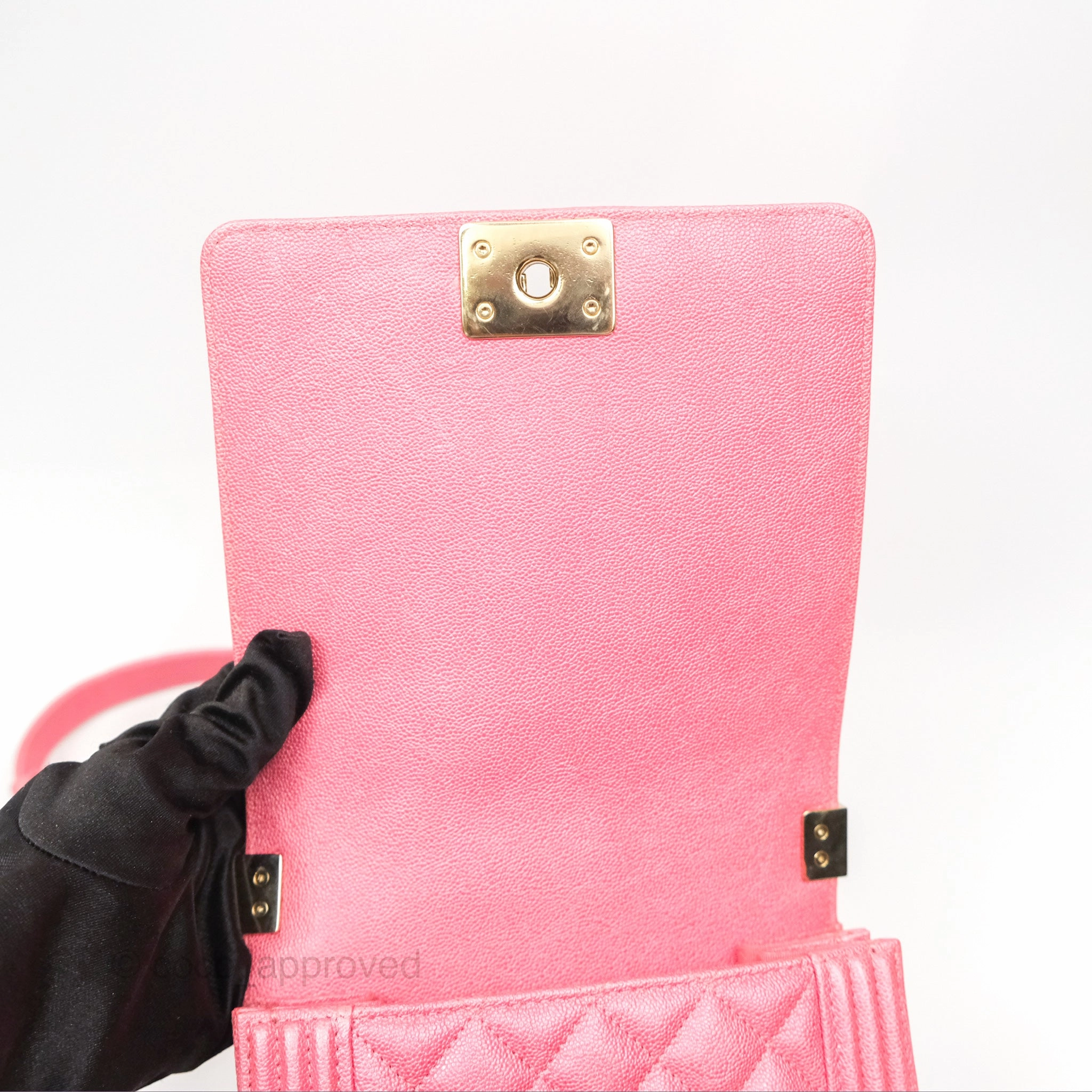 Chanel Quilted North South Boy Flap Iridescent Pink Caviar Gold Hardware