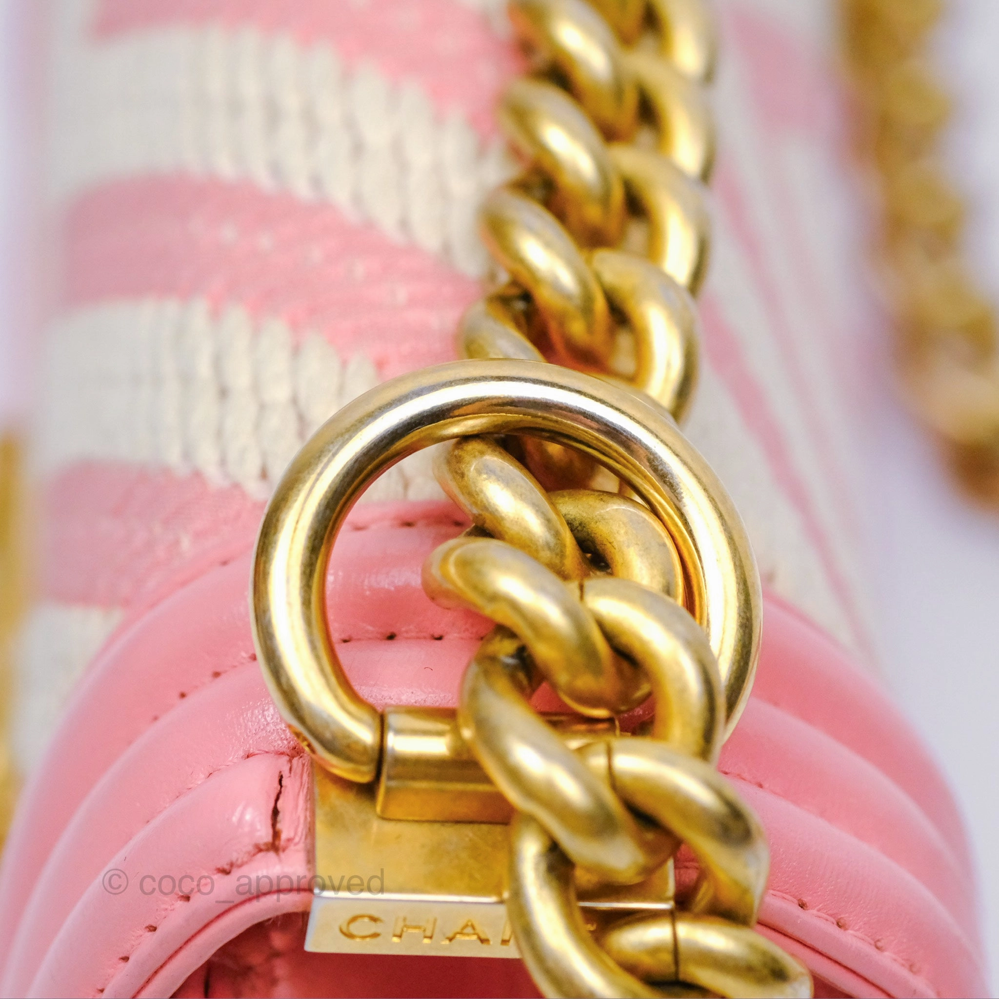 Chanel Small Boy Chevron Fabric Braided Pink Aged Gold Hardware