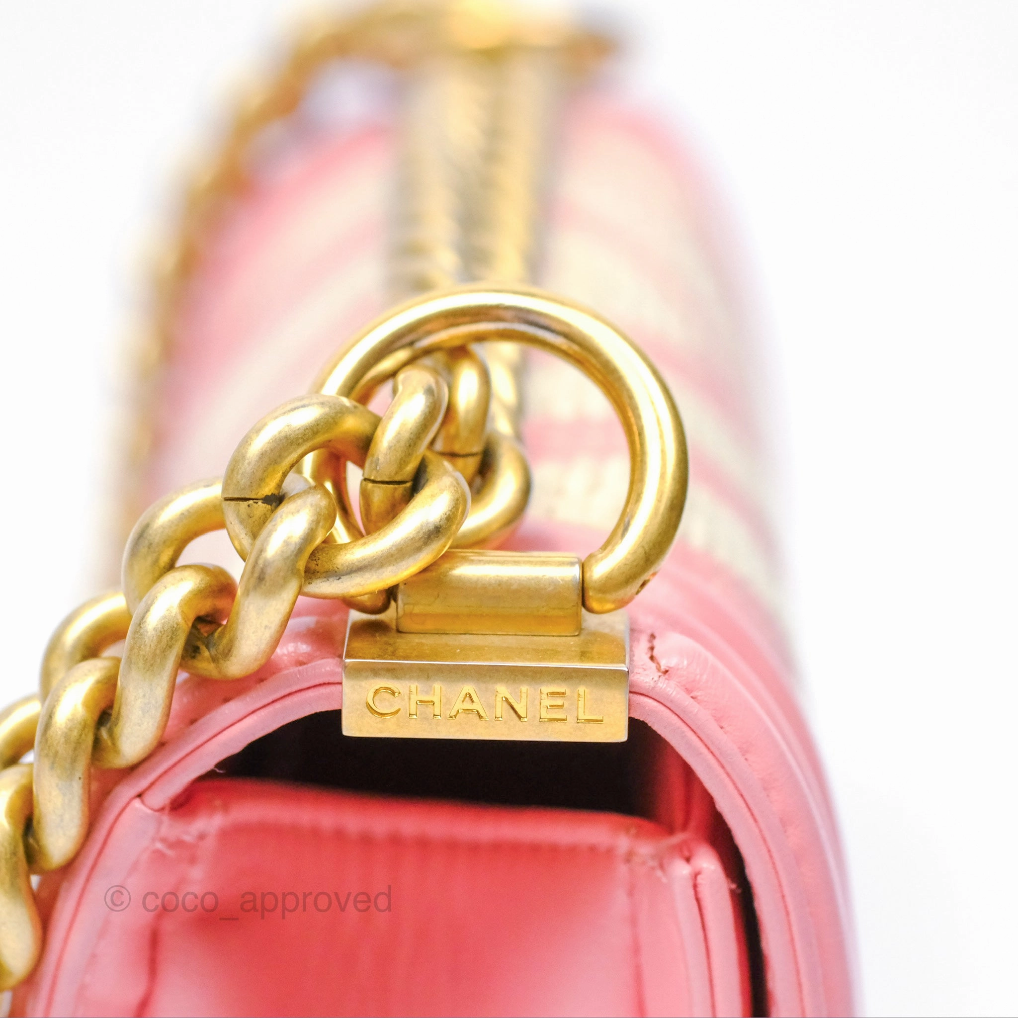 Chanel Small Boy Chevron Fabric Braided Pink Aged Gold Hardware