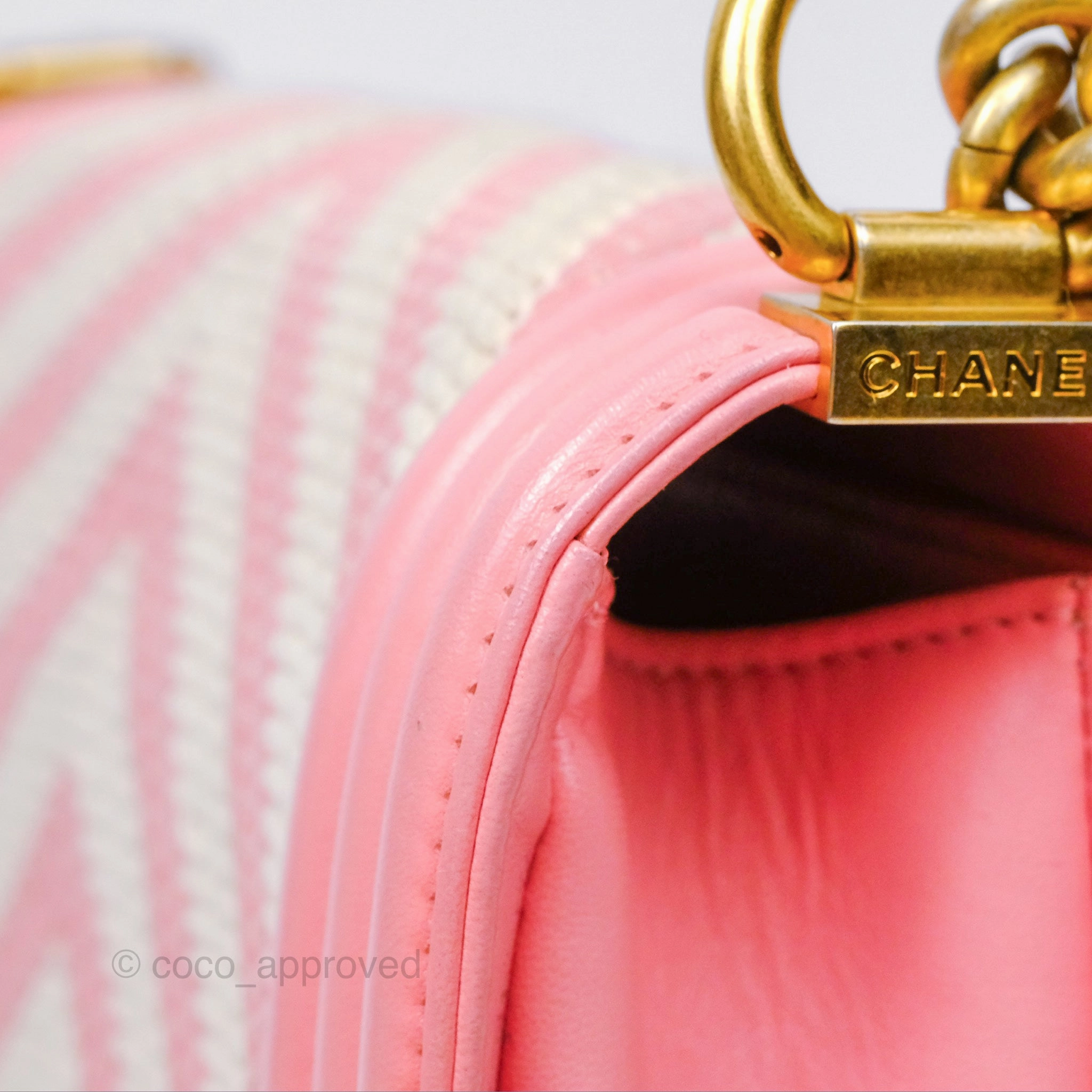 Chanel Small Boy Chevron Fabric Braided Pink Aged Gold Hardware
