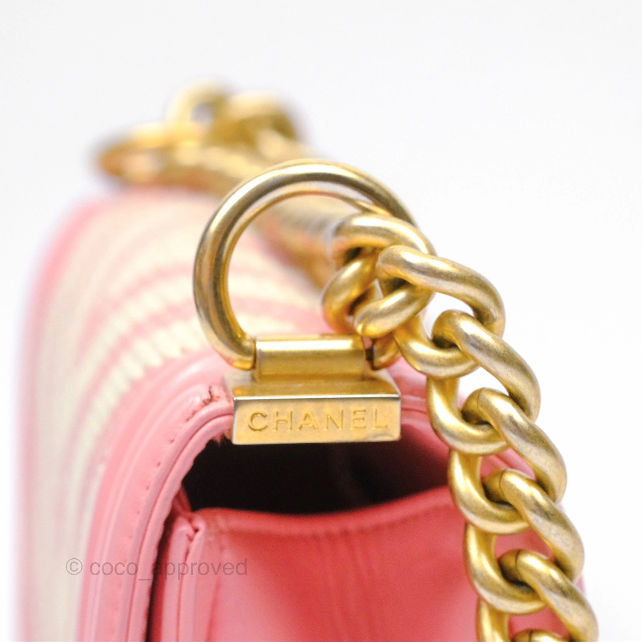 Chanel Small Boy Chevron Fabric Braided Pink Aged Gold Hardware