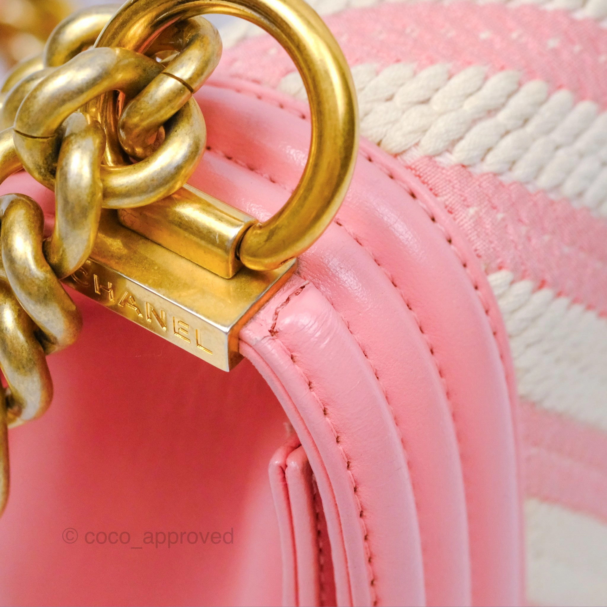 Chanel Small Boy Chevron Fabric Braided Pink Aged Gold Hardware