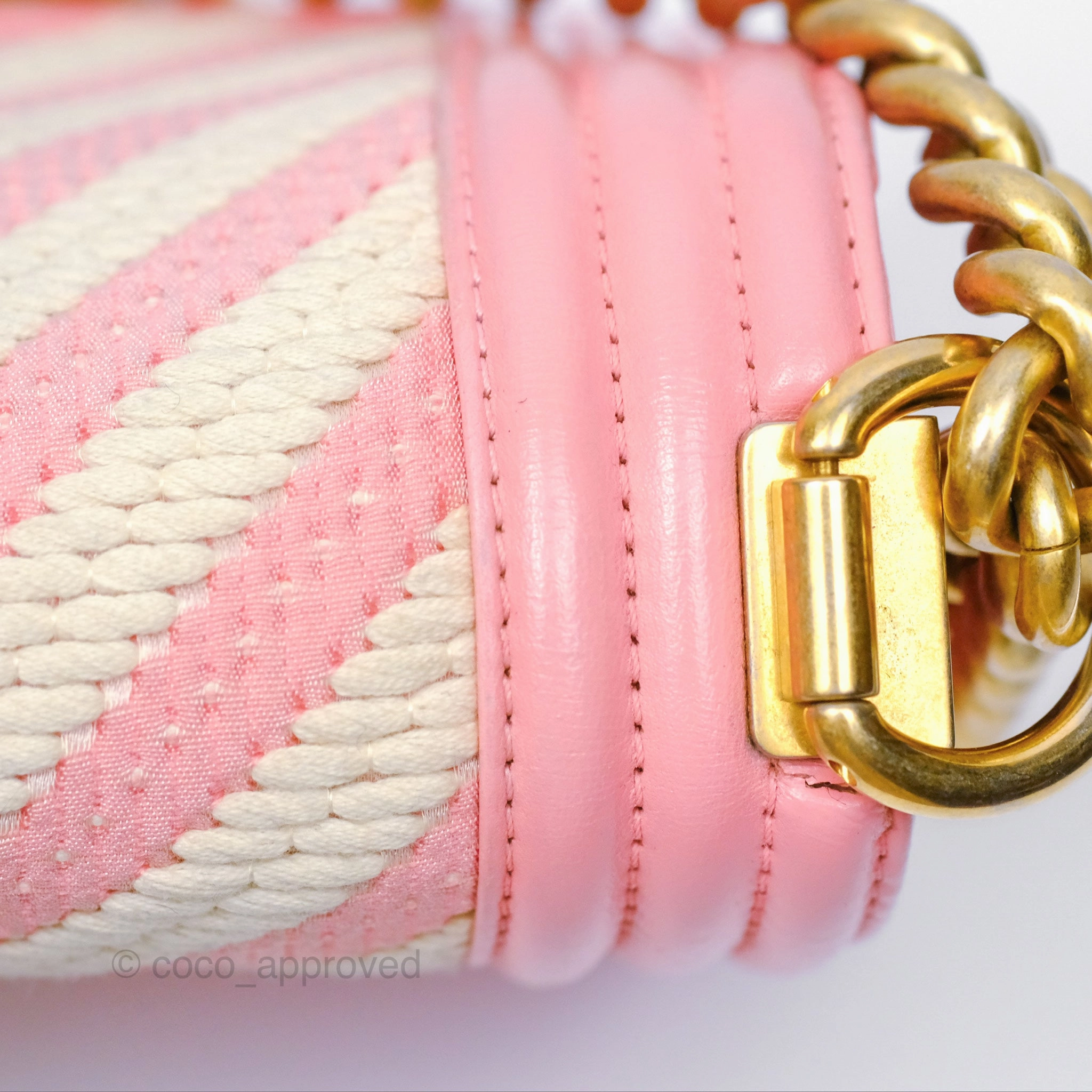 Chanel Small Boy Chevron Fabric Braided Pink Aged Gold Hardware