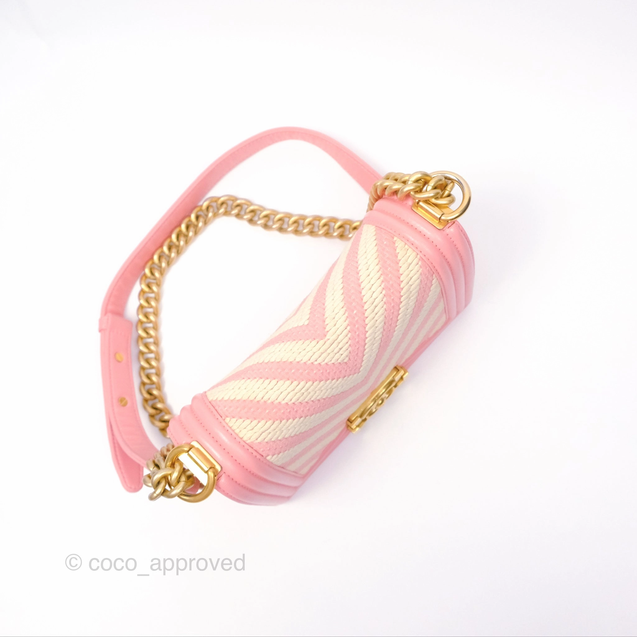 Chanel Small Boy Chevron Fabric Braided Pink Aged Gold Hardware