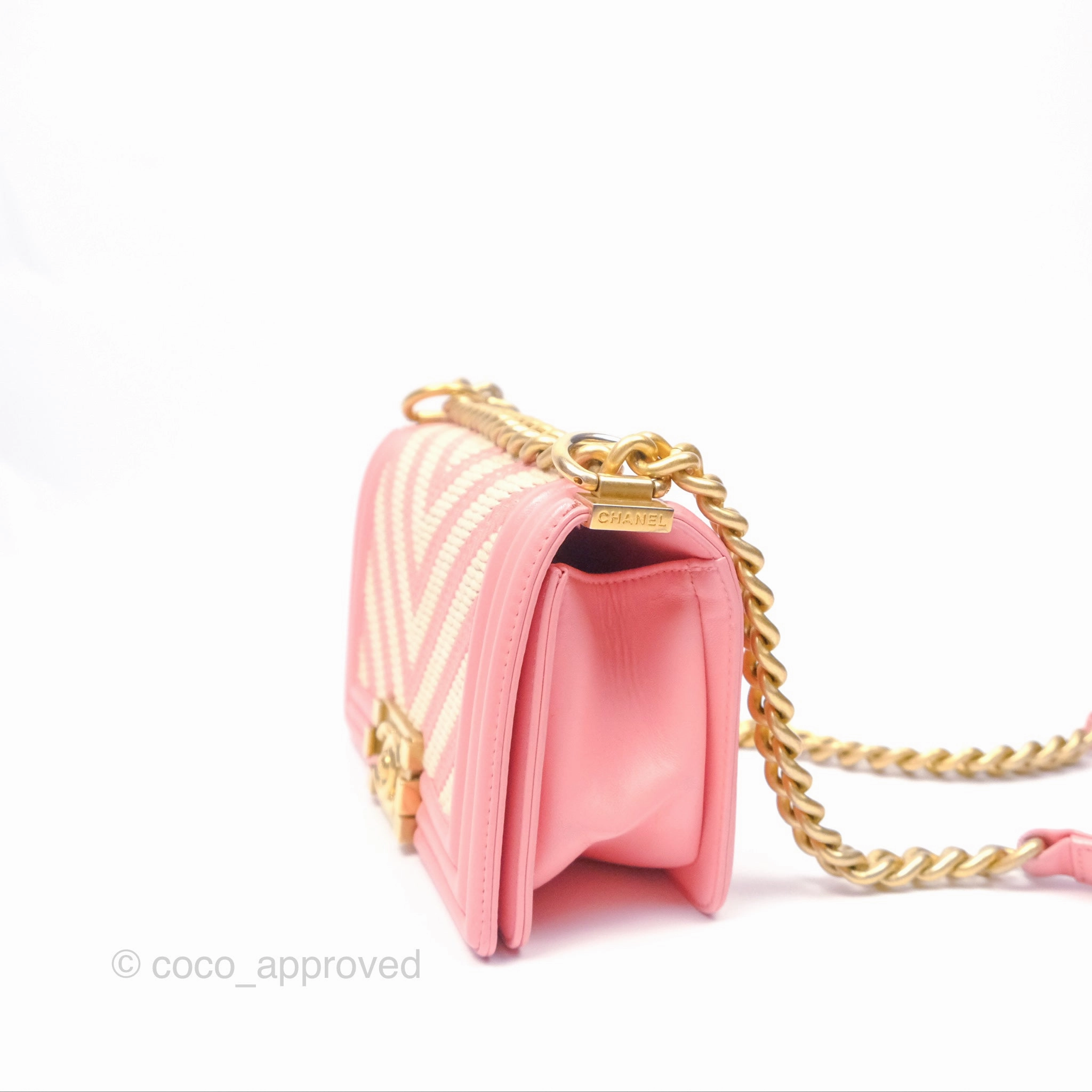 Chanel Small Boy Chevron Fabric Braided Pink Aged Gold Hardware