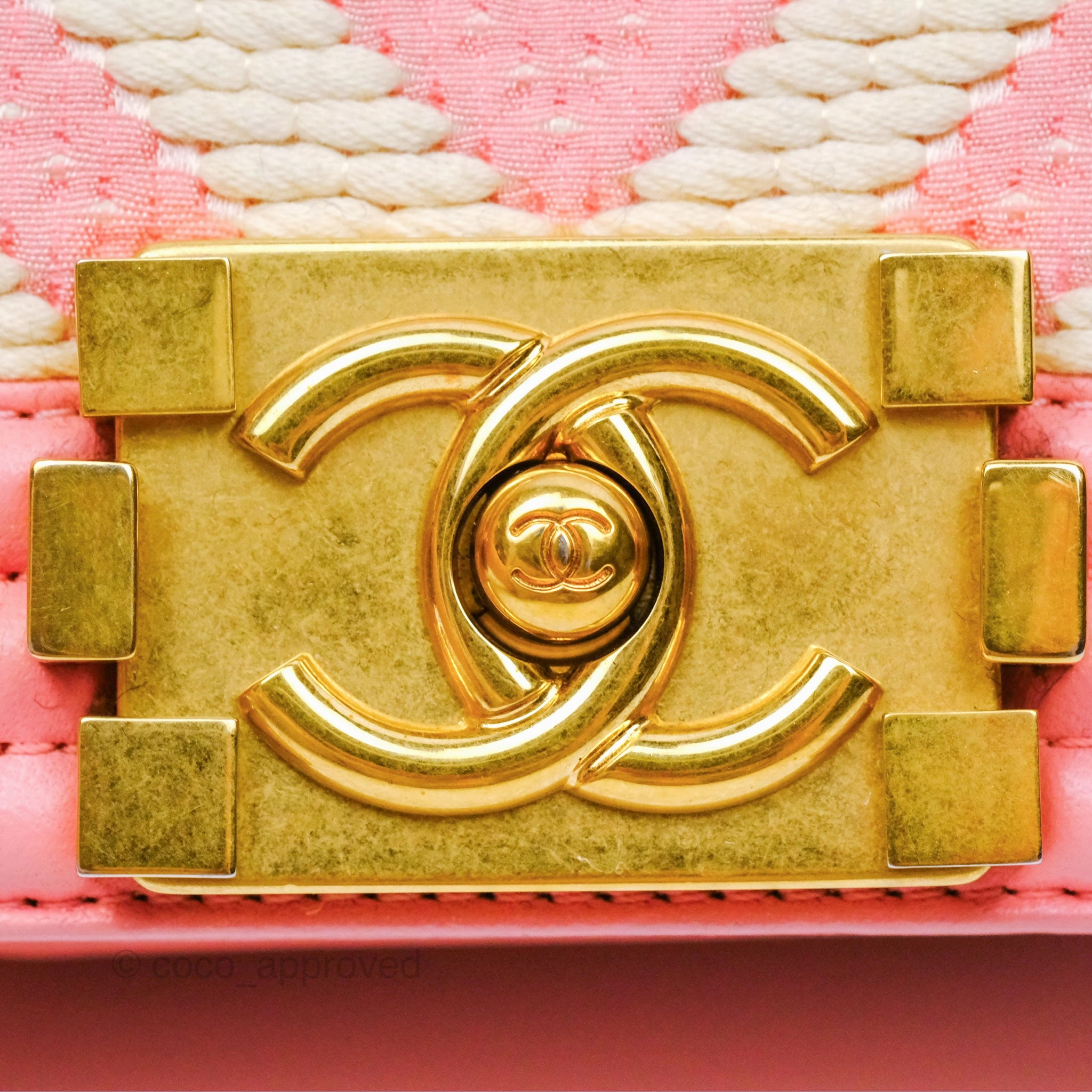 Chanel Small Boy Chevron Fabric Braided Pink Aged Gold Hardware