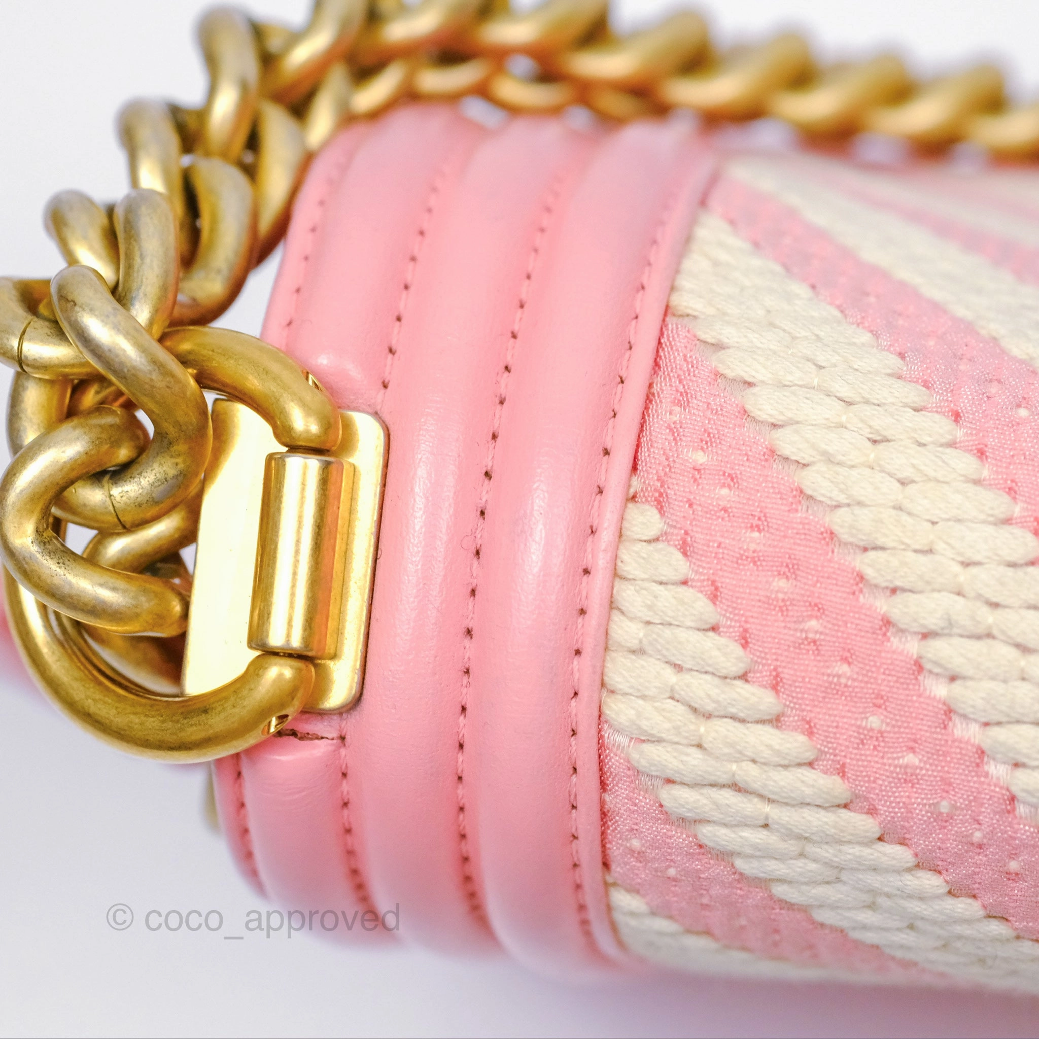 Chanel Small Boy Chevron Fabric Braided Pink Aged Gold Hardware
