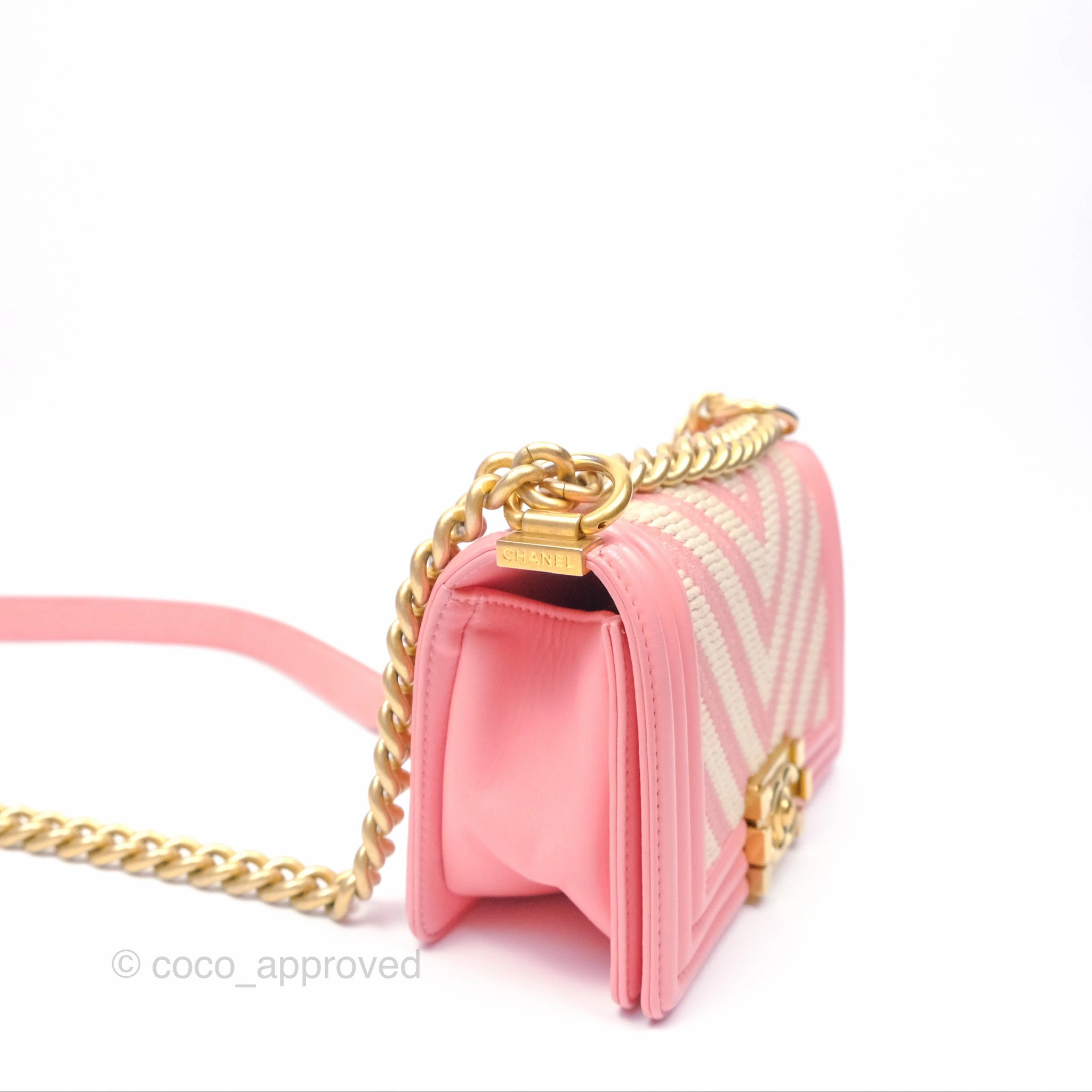 Chanel Small Boy Chevron Fabric Braided Pink Aged Gold Hardware