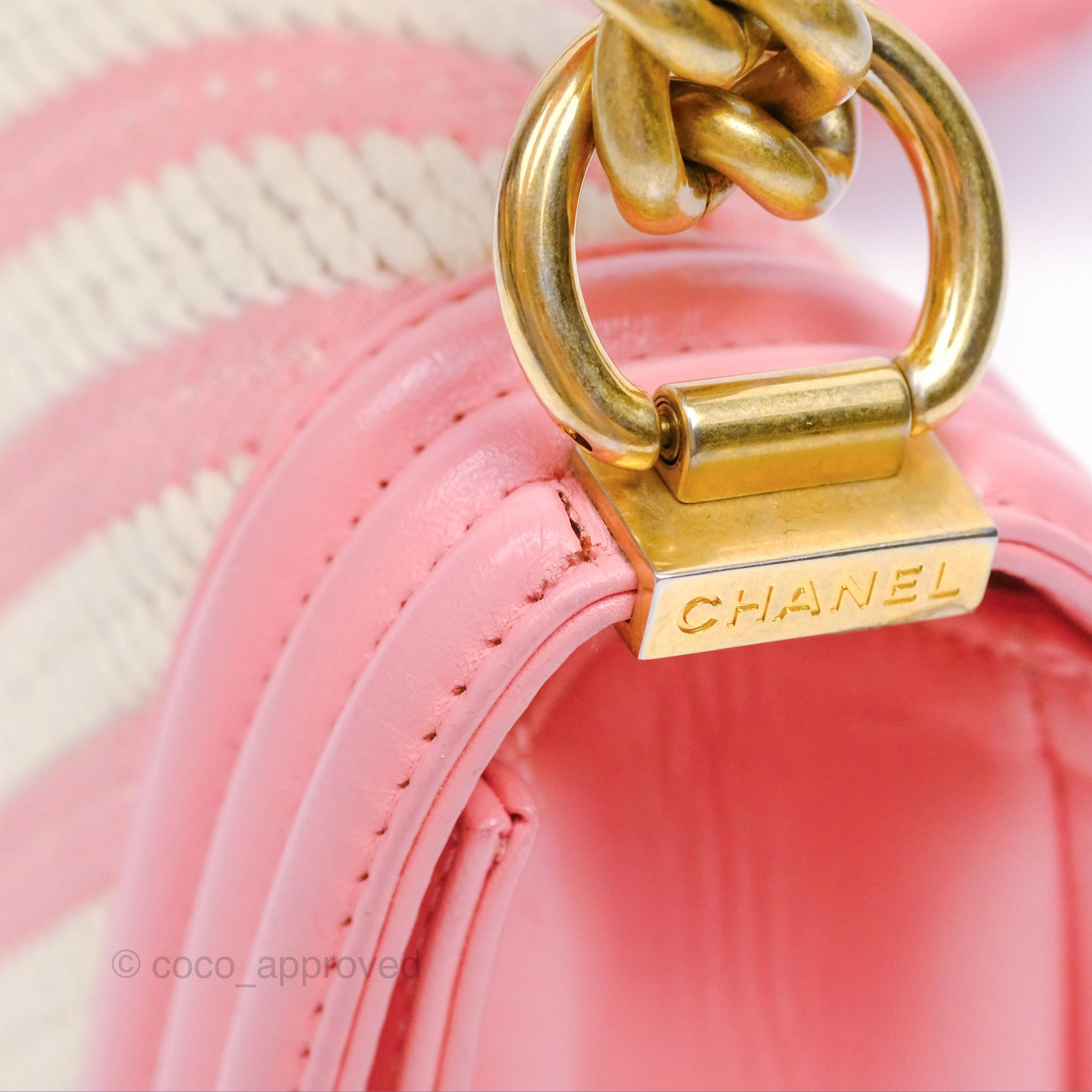 Chanel Small Boy Chevron Fabric Braided Pink Aged Gold Hardware