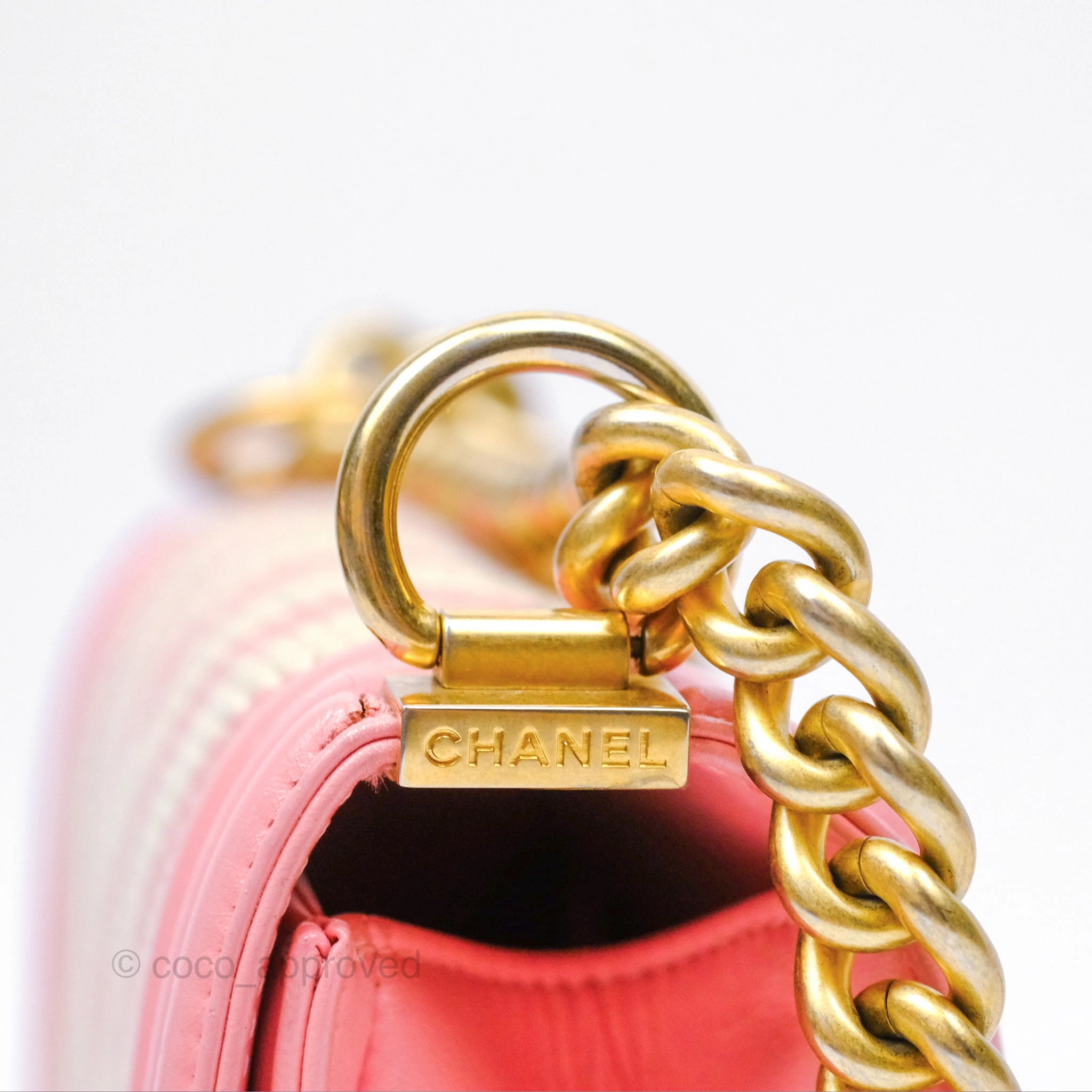Chanel Small Boy Chevron Fabric Braided Pink Aged Gold Hardware