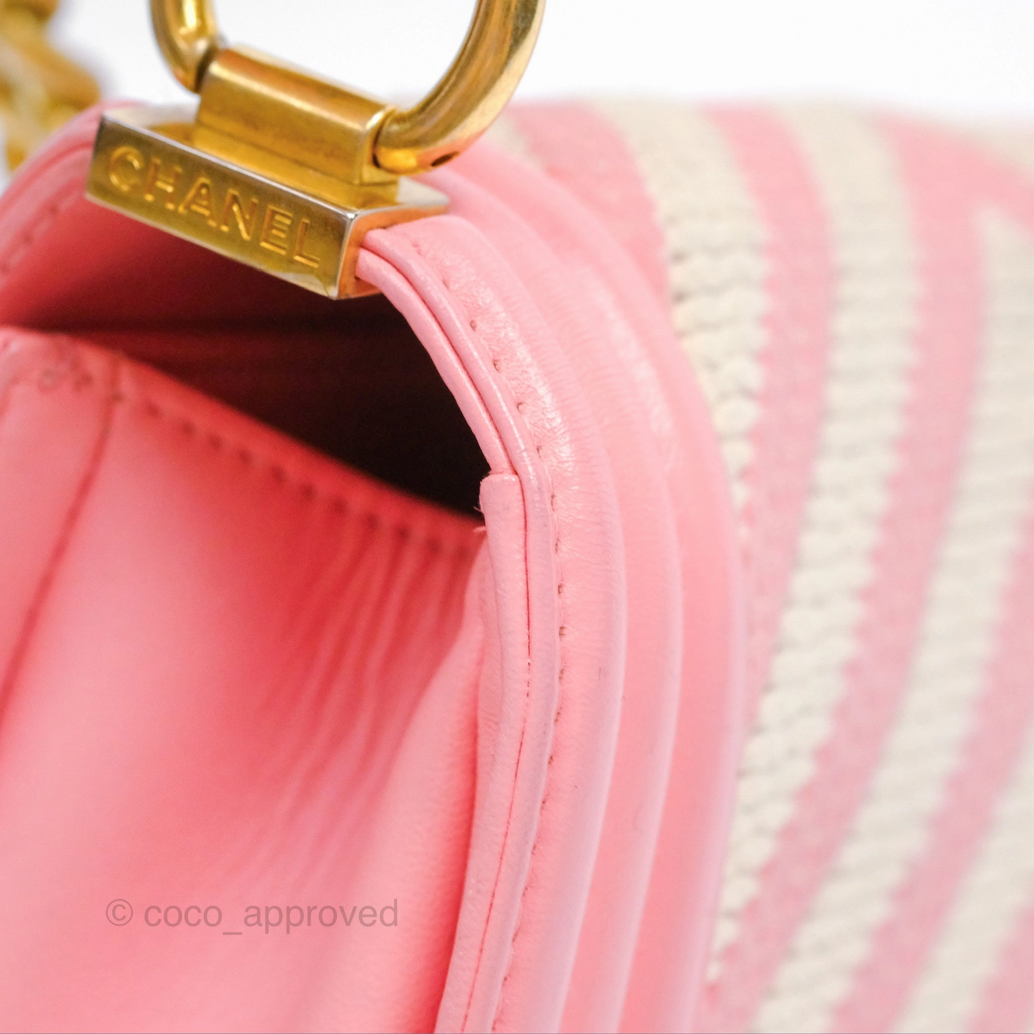Chanel Small Boy Chevron Fabric Braided Pink Aged Gold Hardware