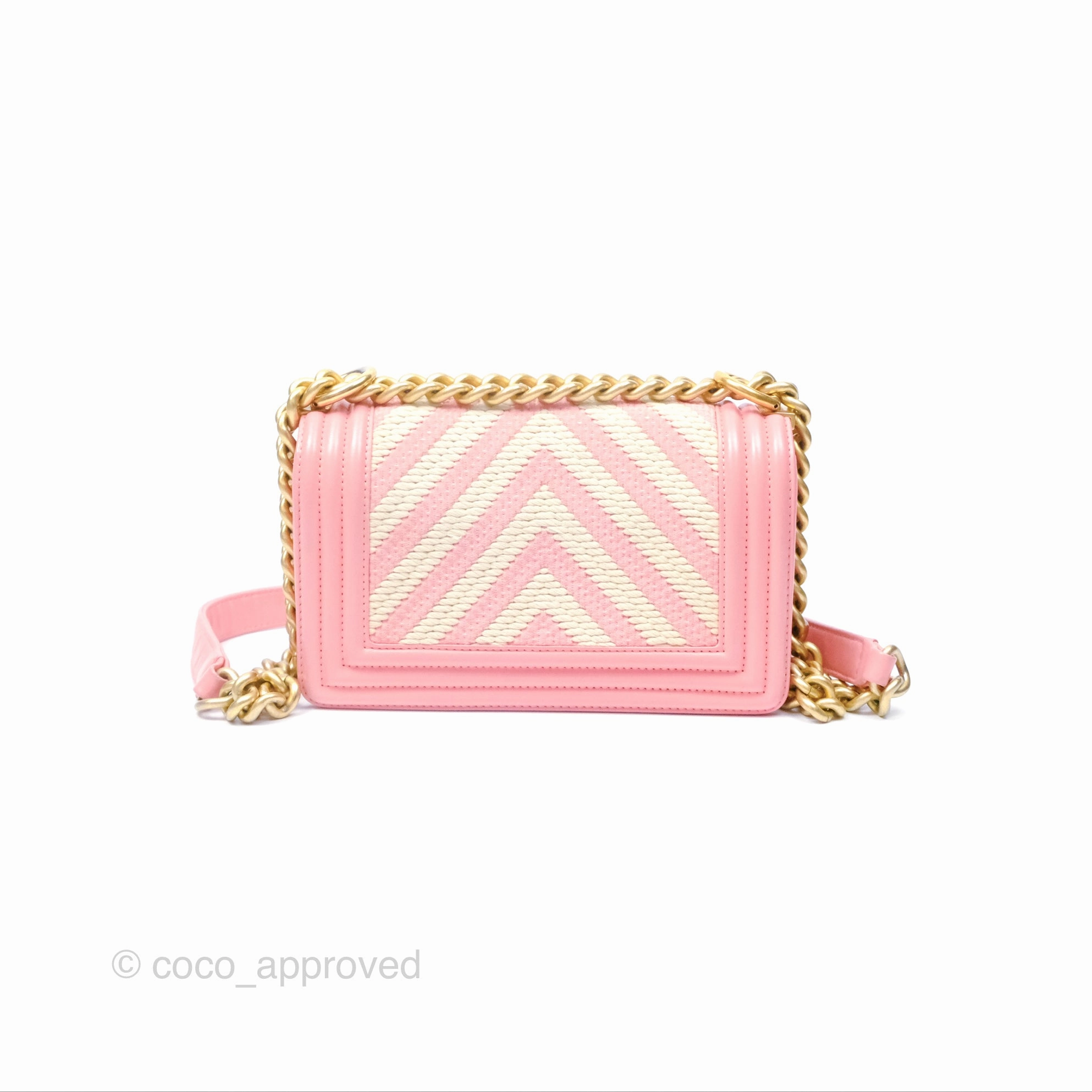 Chanel Small Boy Chevron Fabric Braided Pink Aged Gold Hardware