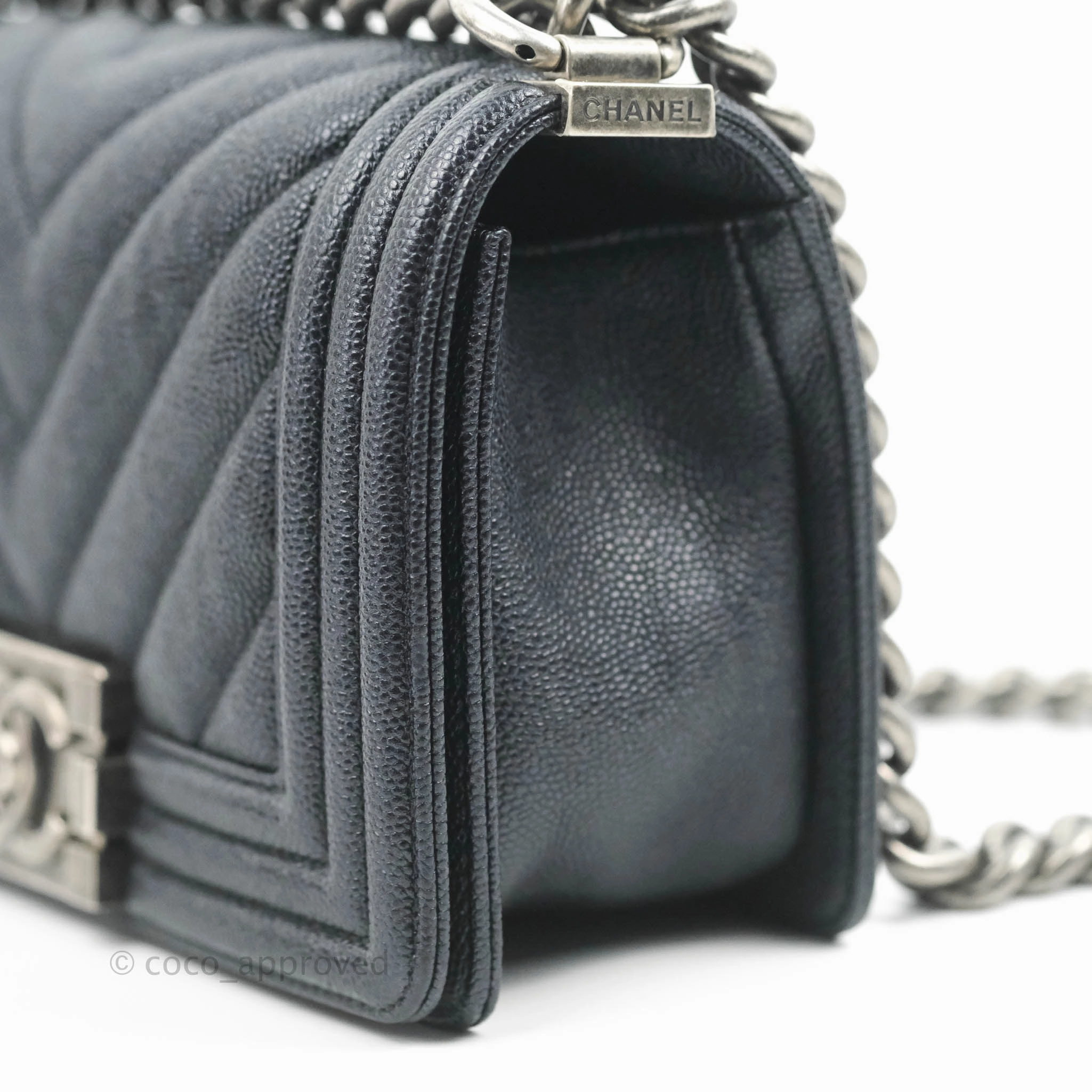 Chanel Small Boy Chevron Very Dark Navy (Looks Black) Caviar Ruthenium Hardware