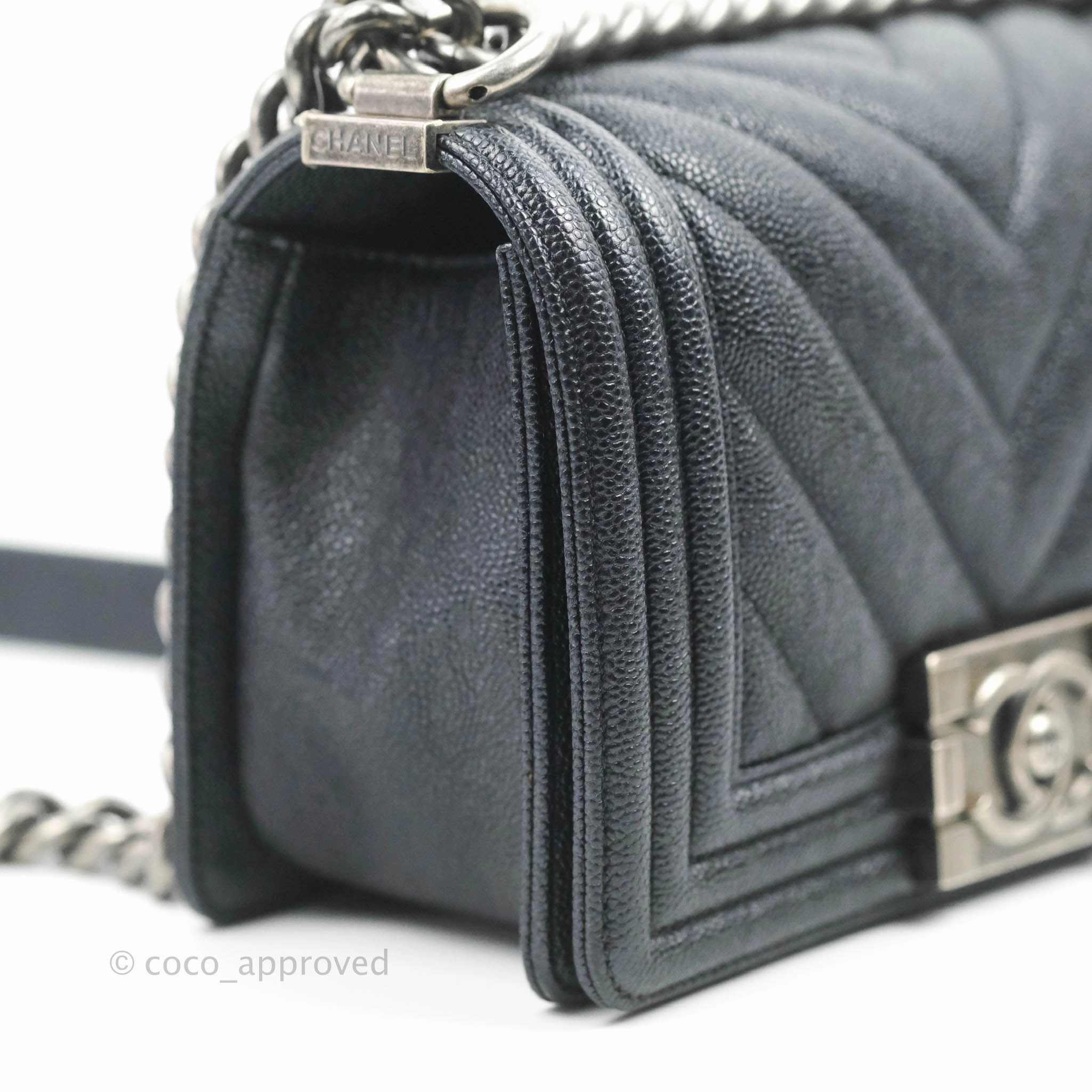Chanel Small Boy Chevron Very Dark Navy (Looks Black) Caviar Ruthenium Hardware