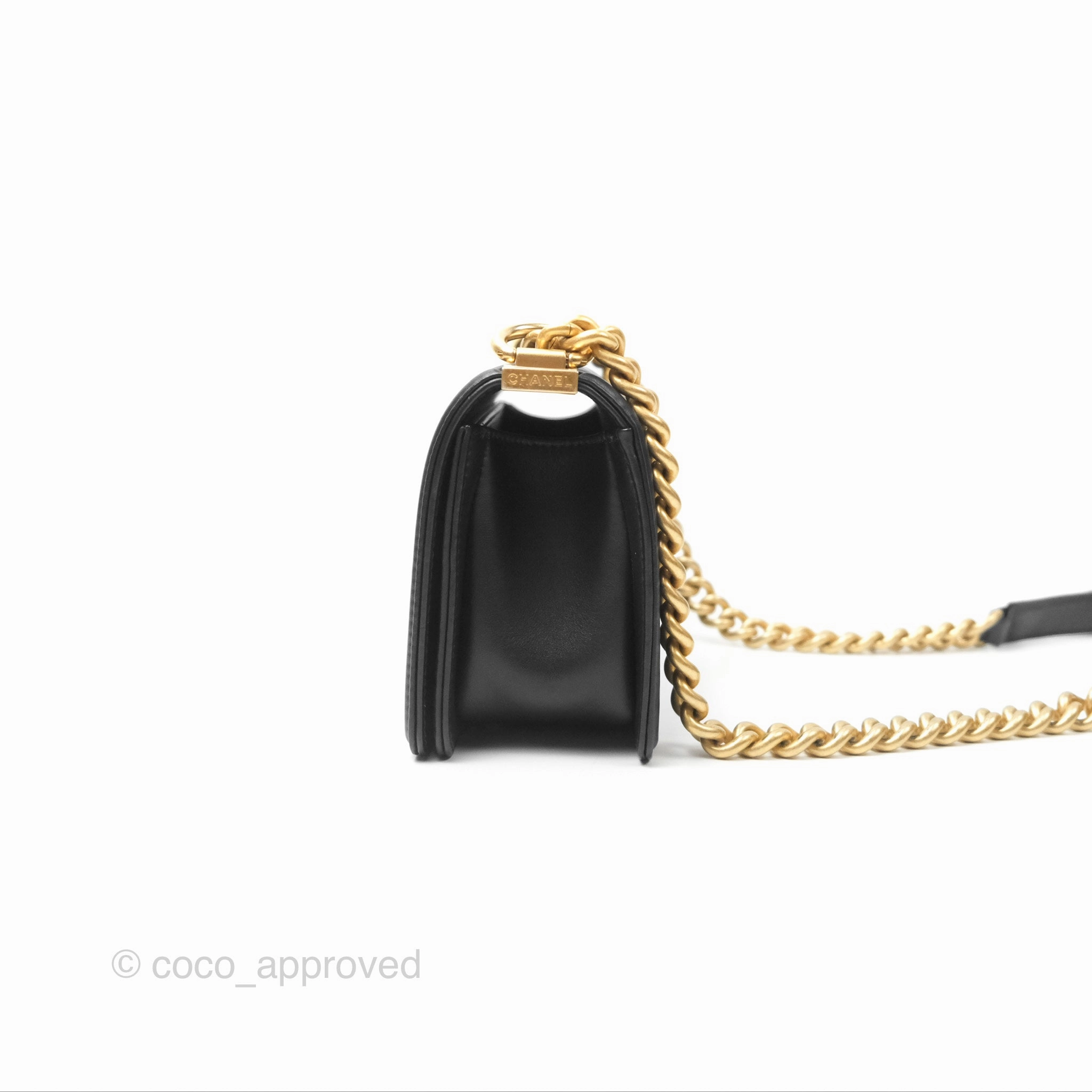 Chanel Small Boy Quilted Black Calfskin Aged Gold Hardware