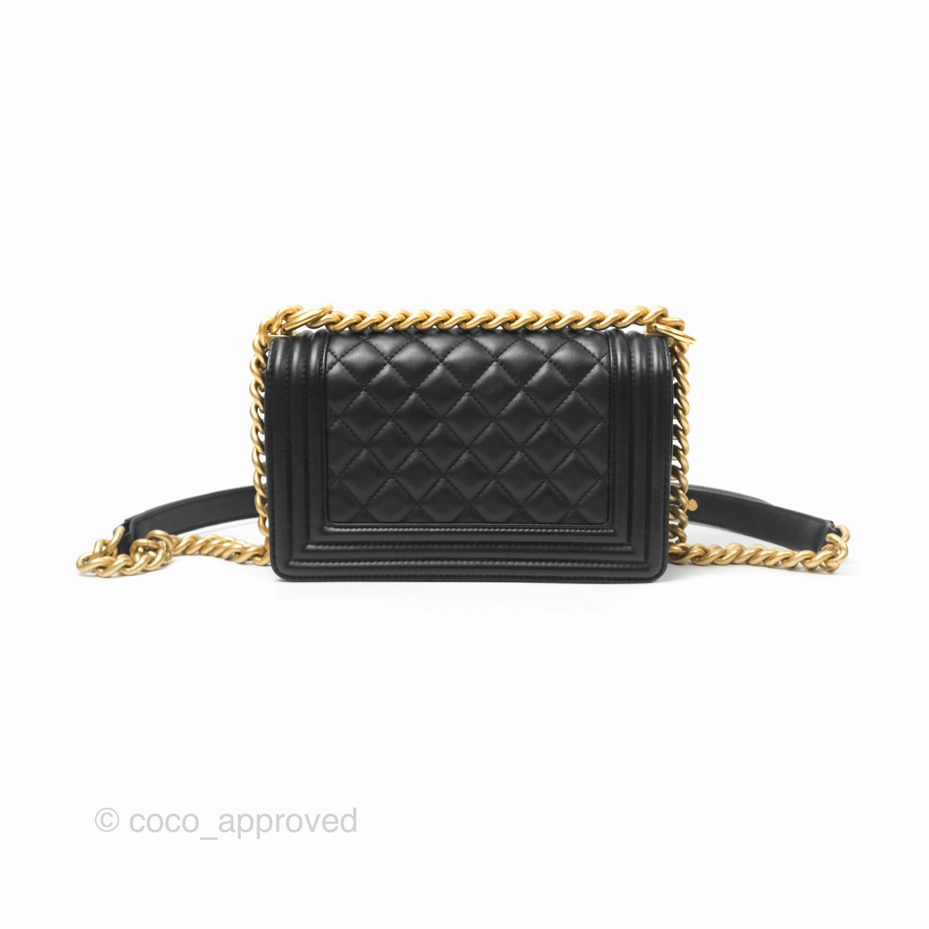 Chanel Small Boy Quilted Black Calfskin Aged Gold Hardware