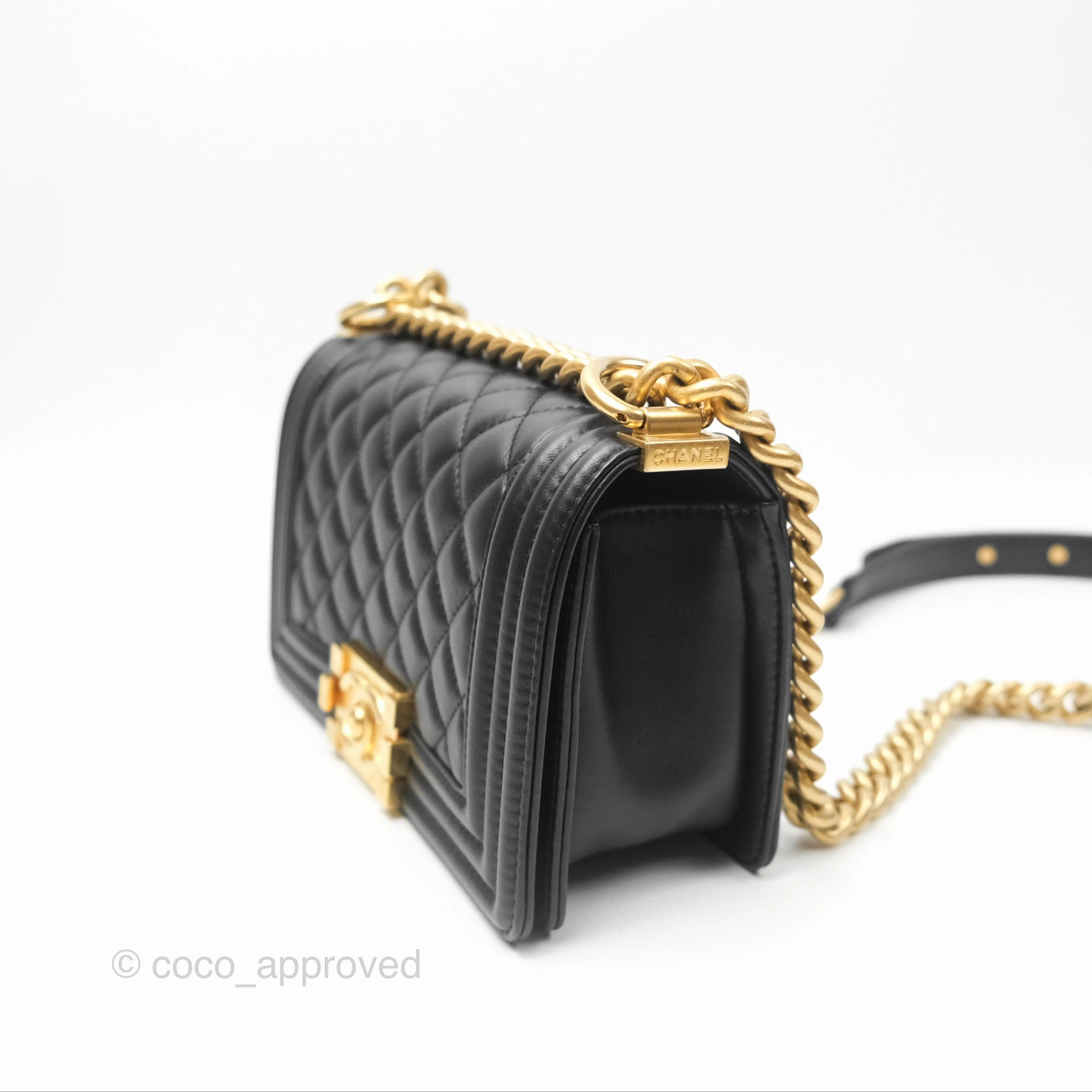 Chanel Small Boy Quilted Black Calfskin Aged Gold Hardware