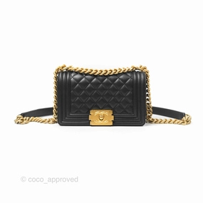 Chanel Small Boy Quilted Black Calfskin Aged Gold Hardware
