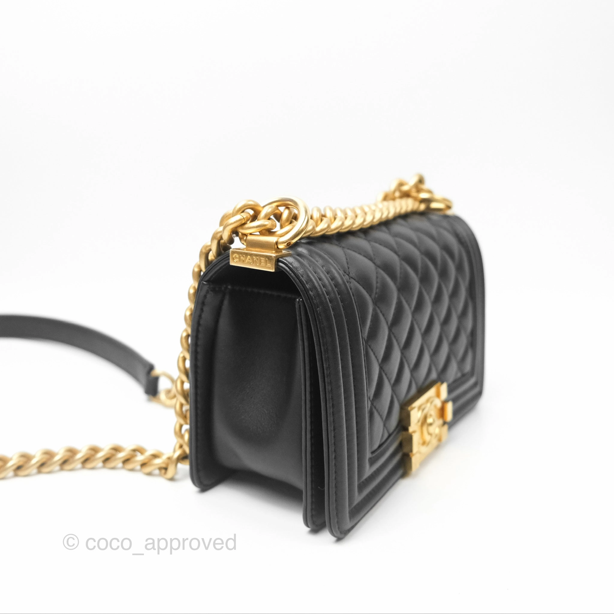 Chanel Small Boy Quilted Black Calfskin Aged Gold Hardware