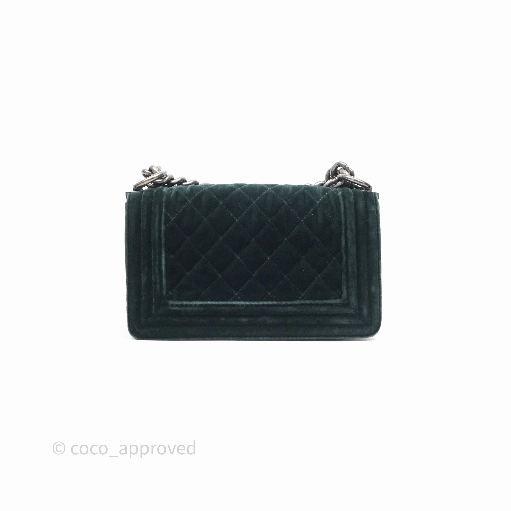 Chanel Small Boy Quilted Dark Green Velvet Ruthenium Hardware