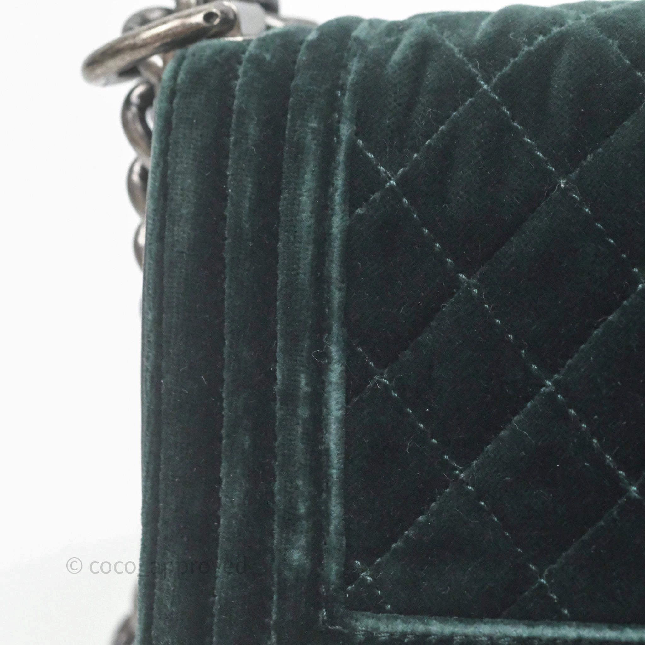 Chanel Small Boy Quilted Dark Green Velvet Ruthenium Hardware