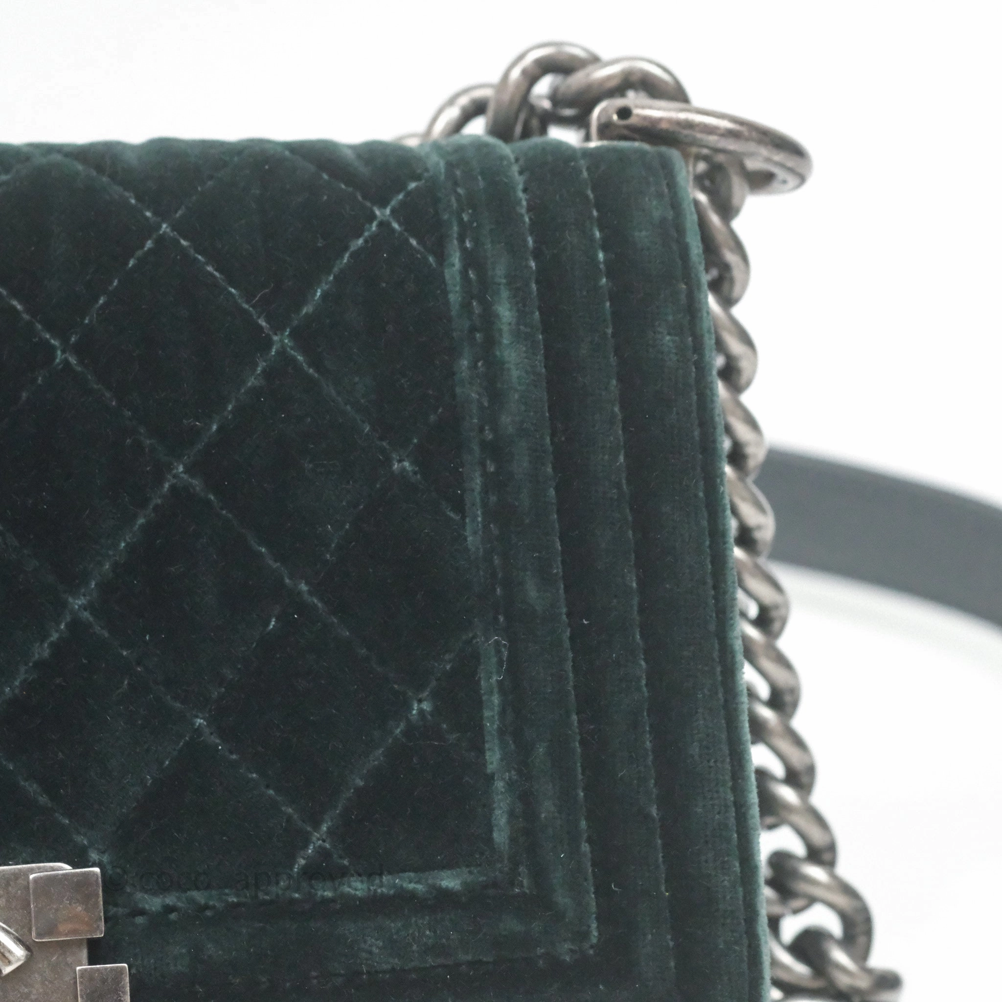 Chanel Small Boy Quilted Dark Green Velvet Ruthenium Hardware