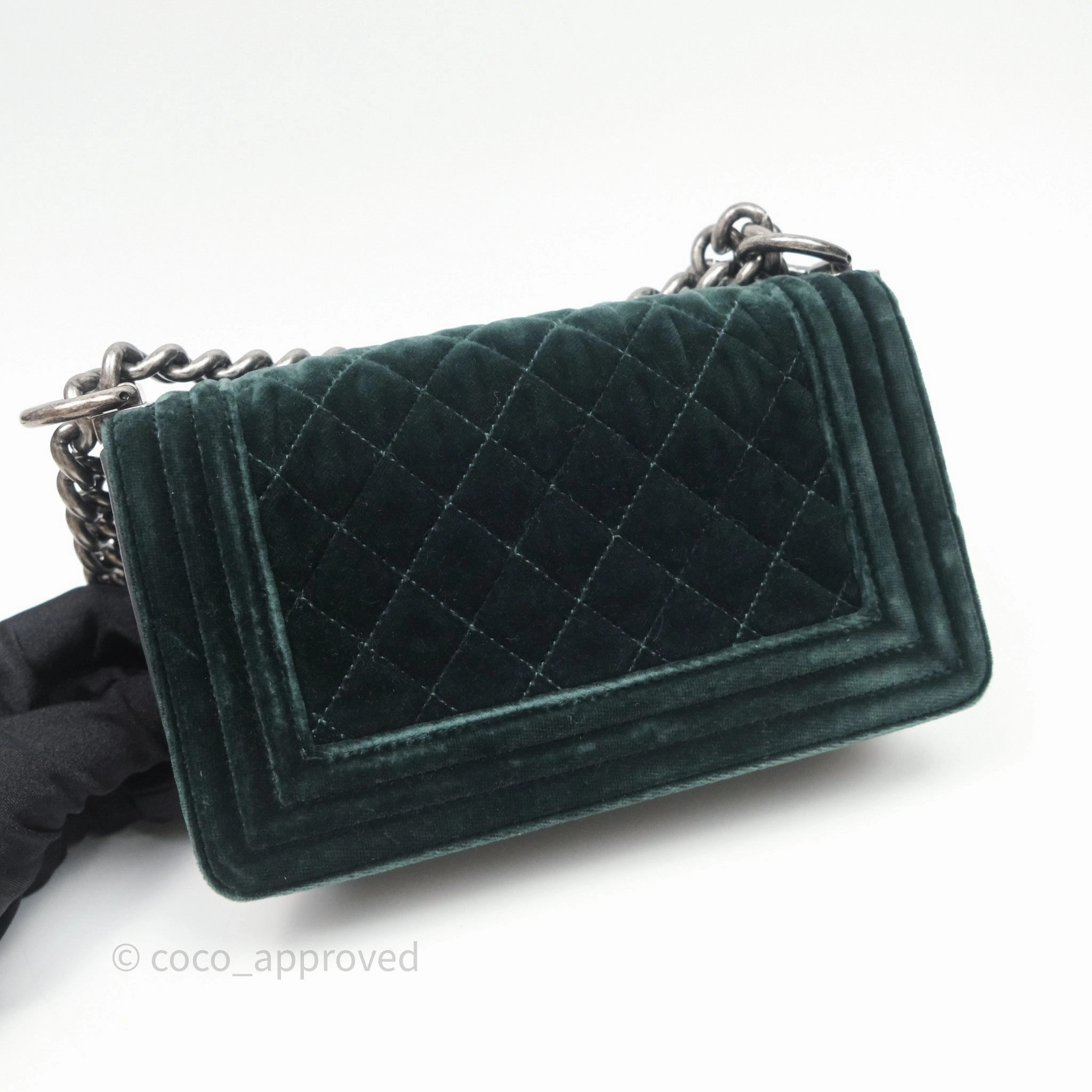 Chanel Small Boy Quilted Dark Green Velvet Ruthenium Hardware