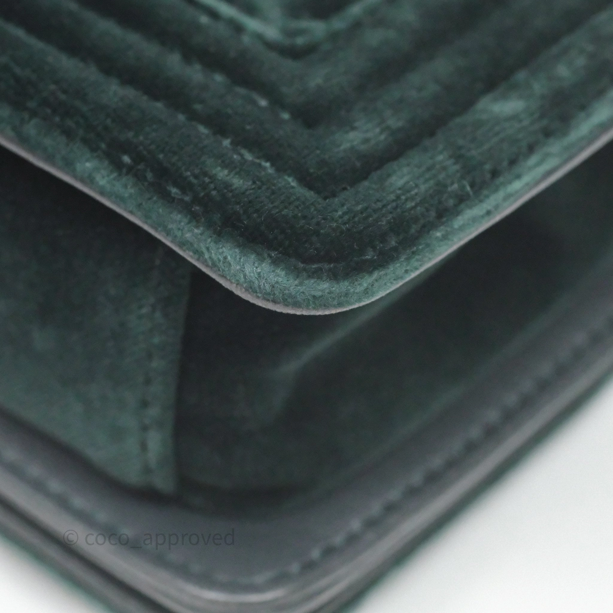 Chanel Small Boy Quilted Dark Green Velvet Ruthenium Hardware