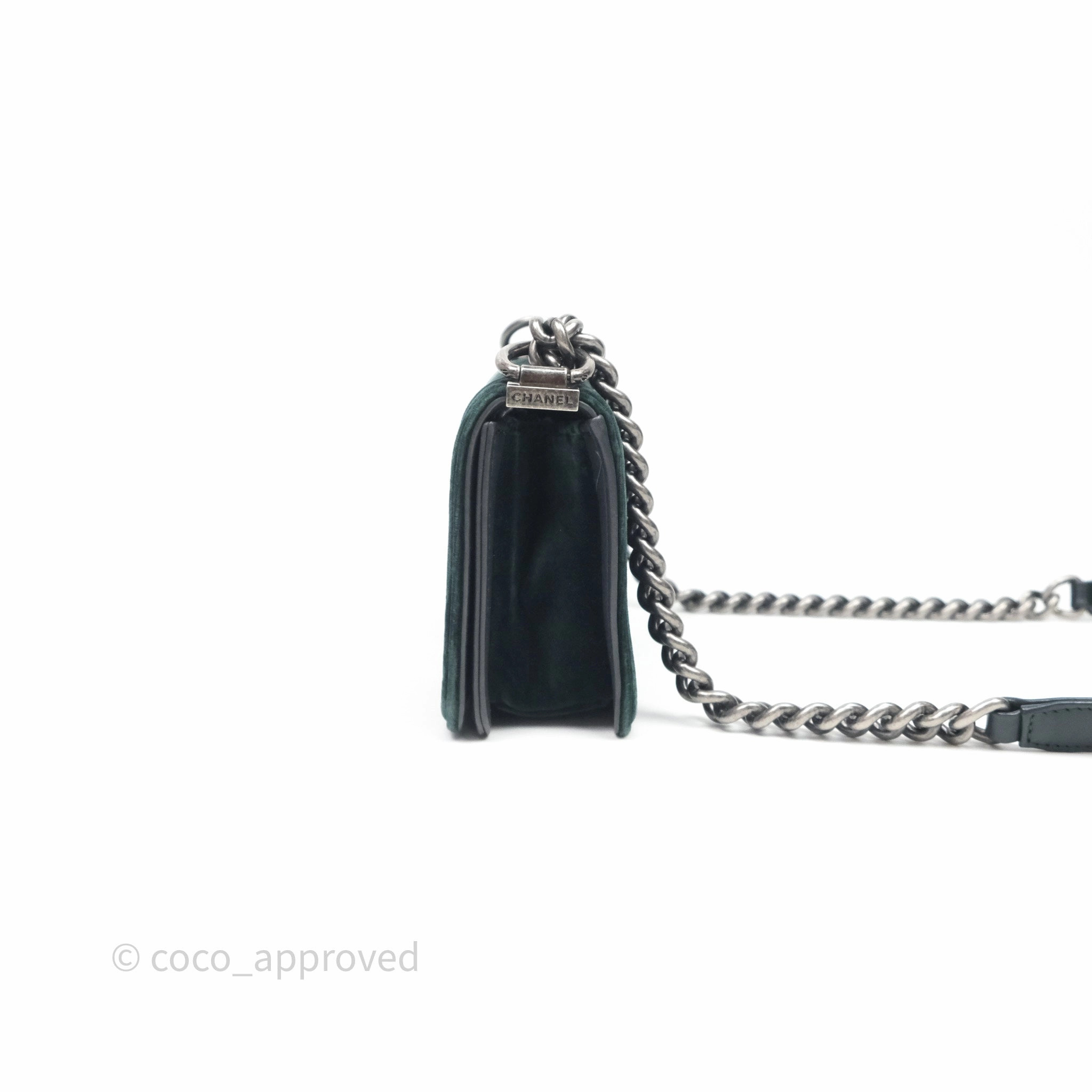 Chanel Small Boy Quilted Dark Green Velvet Ruthenium Hardware