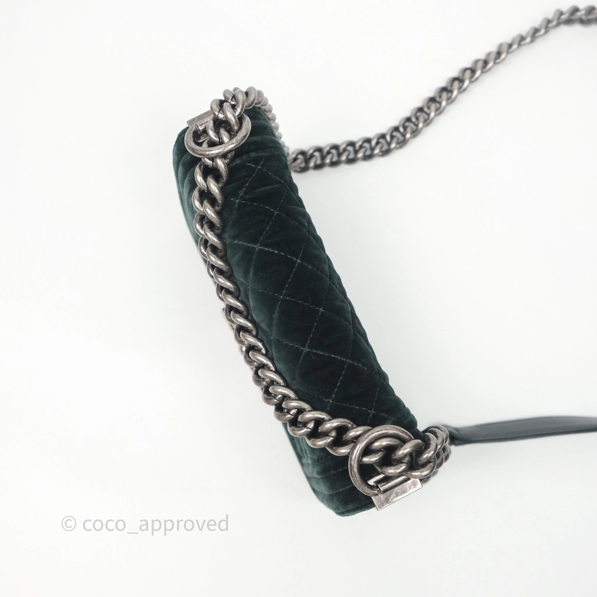 Chanel Small Boy Quilted Dark Green Velvet Ruthenium Hardware