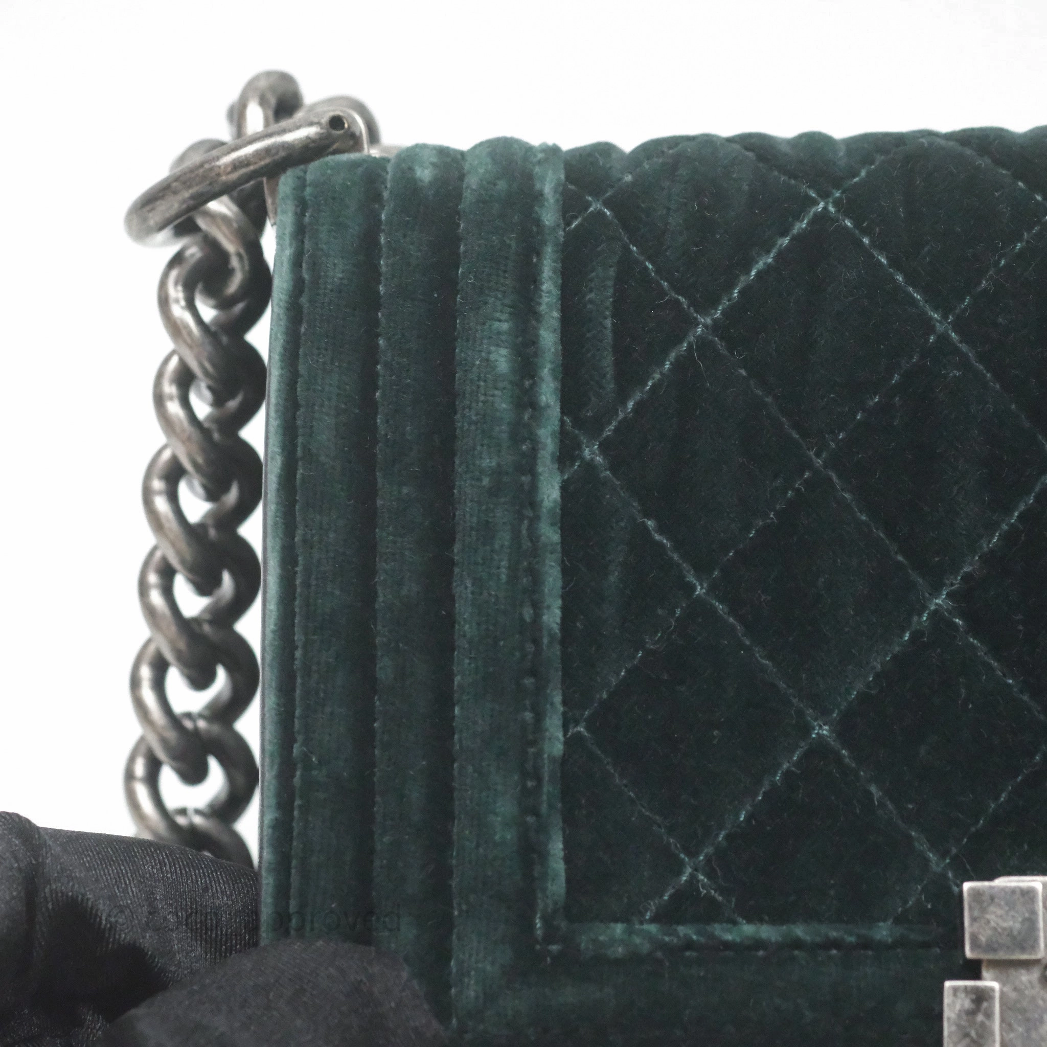 Chanel Small Boy Quilted Dark Green Velvet Ruthenium Hardware