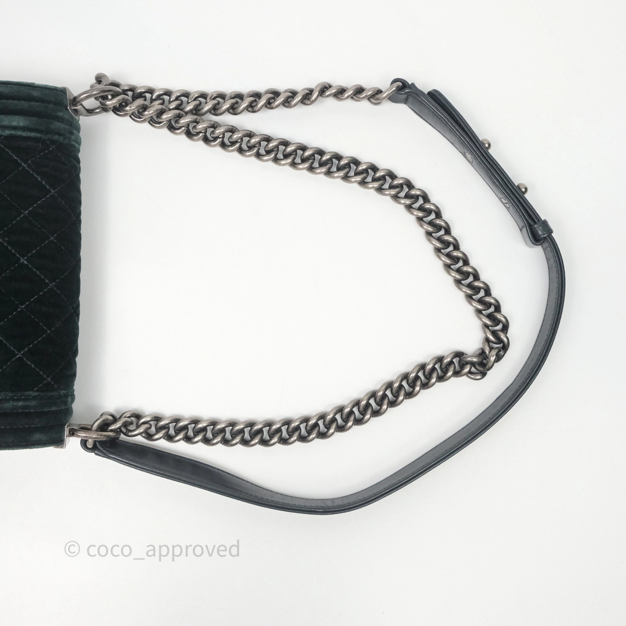 Chanel Small Boy Quilted Dark Green Velvet Ruthenium Hardware