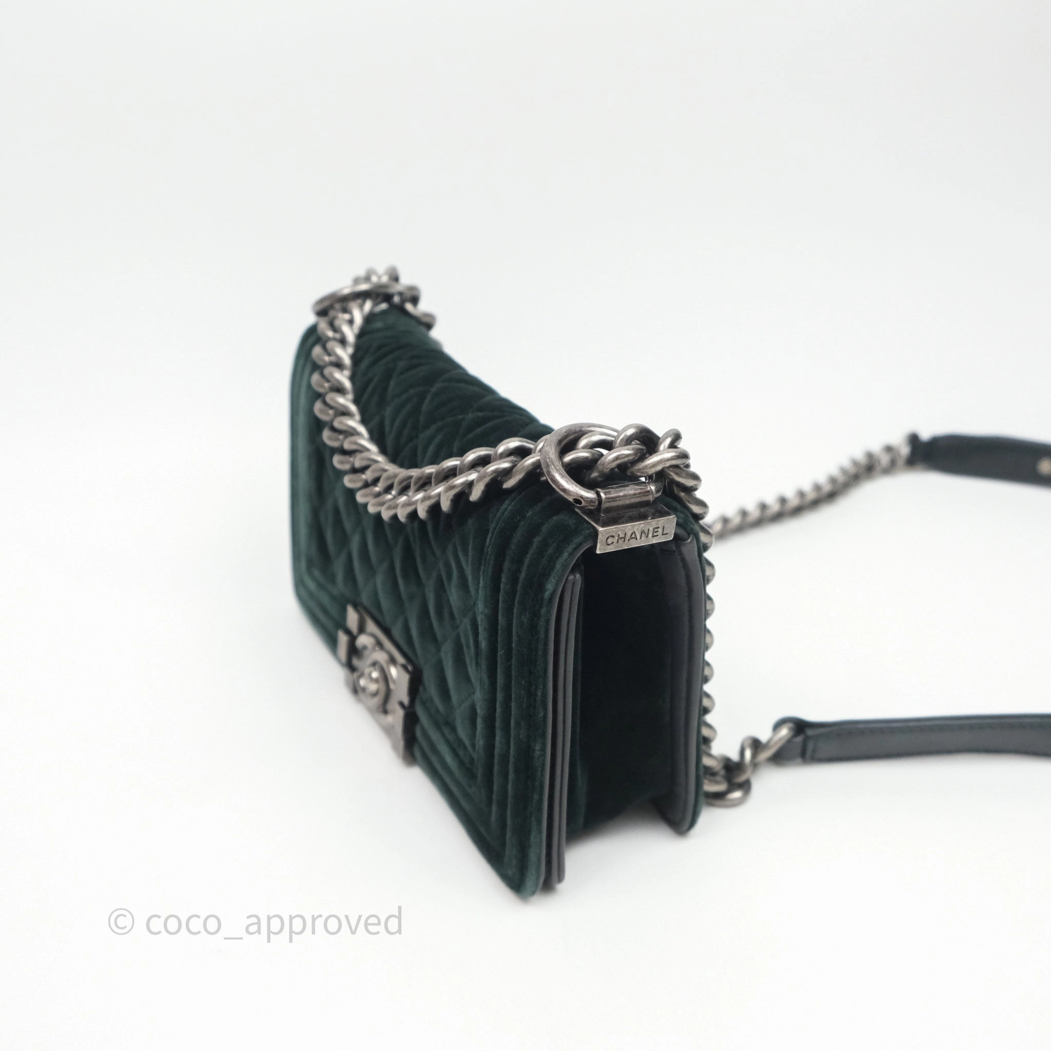 Chanel Small Boy Quilted Dark Green Velvet Ruthenium Hardware