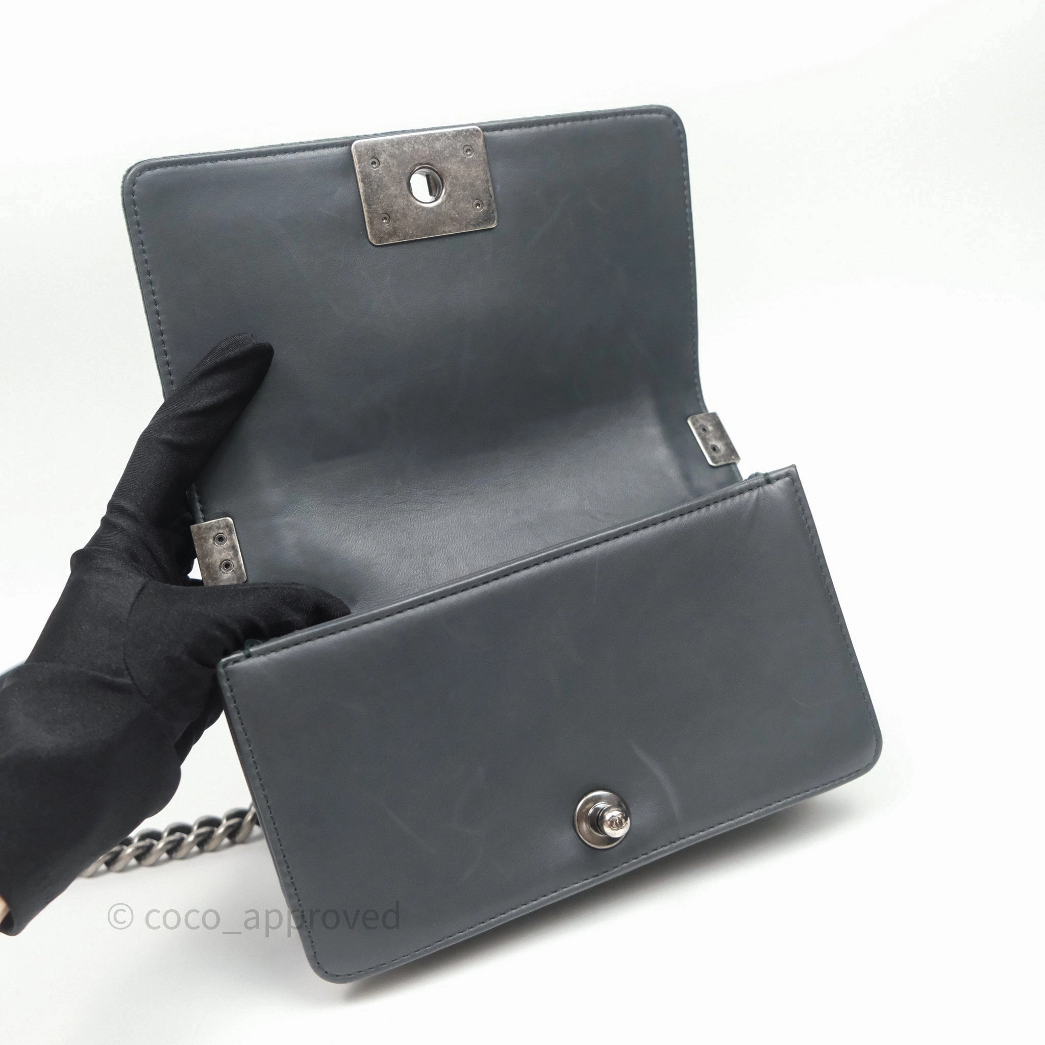 Chanel Small Boy Quilted Dark Green Velvet Ruthenium Hardware